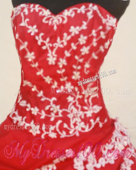 Fashionable Red Sweetheart Puffy Sweet sixteen dresses with White Appliques
