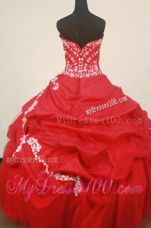 Fashionable Red Sweetheart Puffy Sweet sixteen dresses with White Appliques