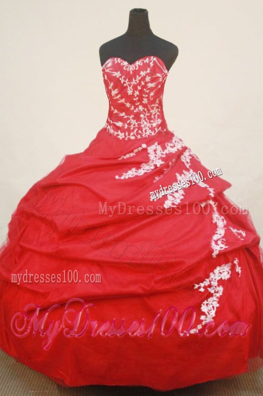 Fashionable Red Sweetheart Puffy Sweet sixteen dresses with White Appliques