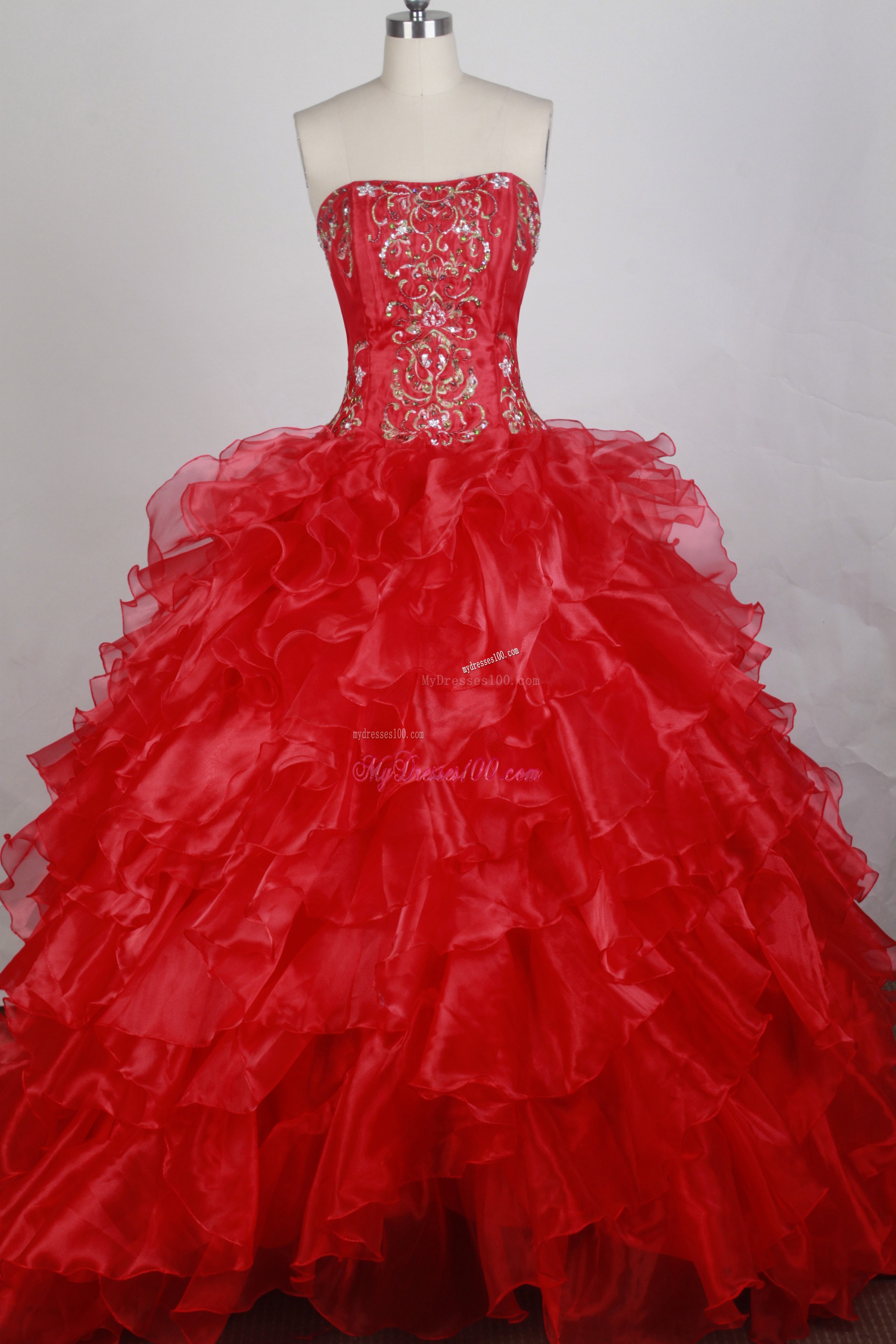 Beading and Ruffles Decorate Red Dress for Quinceanera