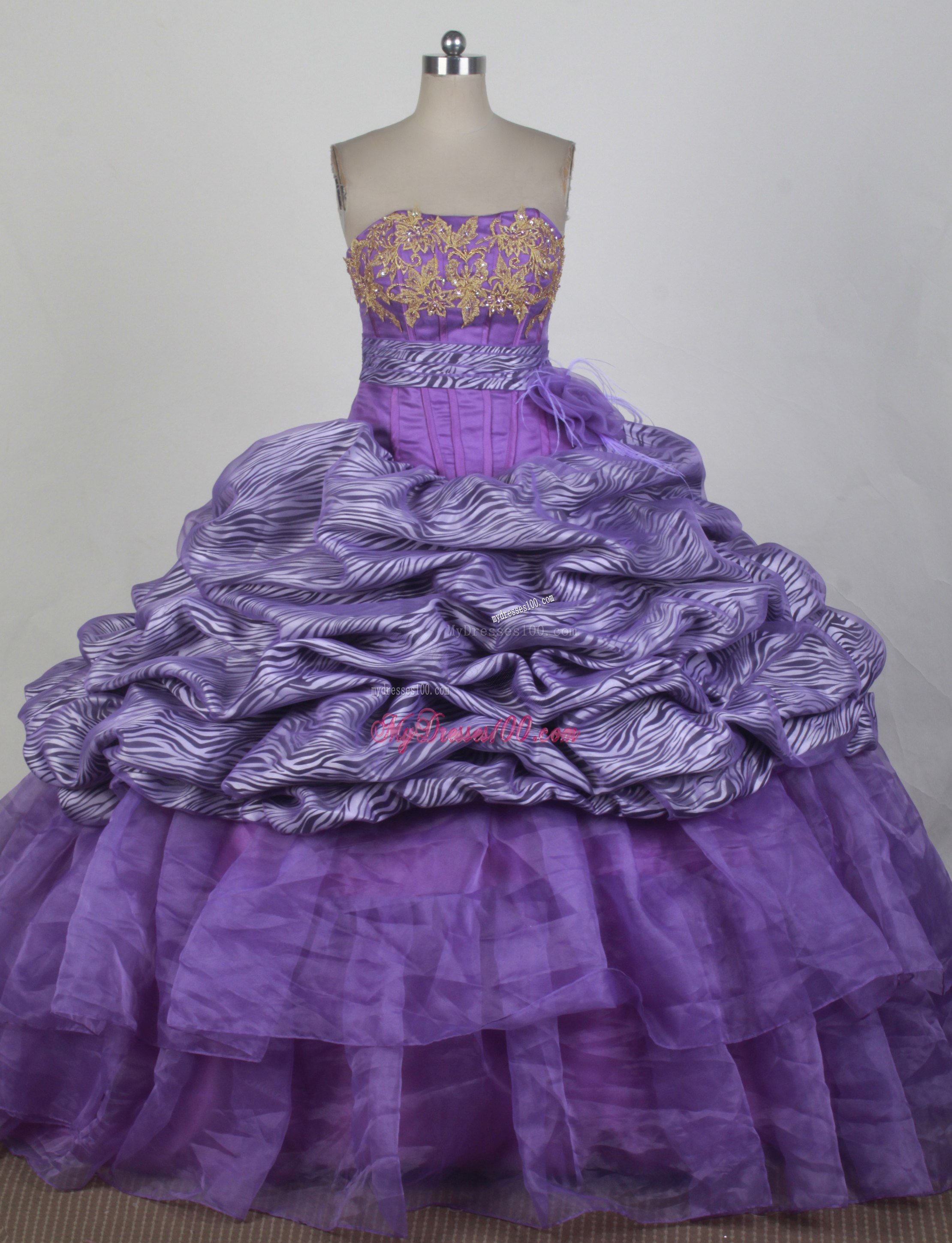 Purple Zabra and Organza Sweet 15 Dresses with Sash and Gold Appliques