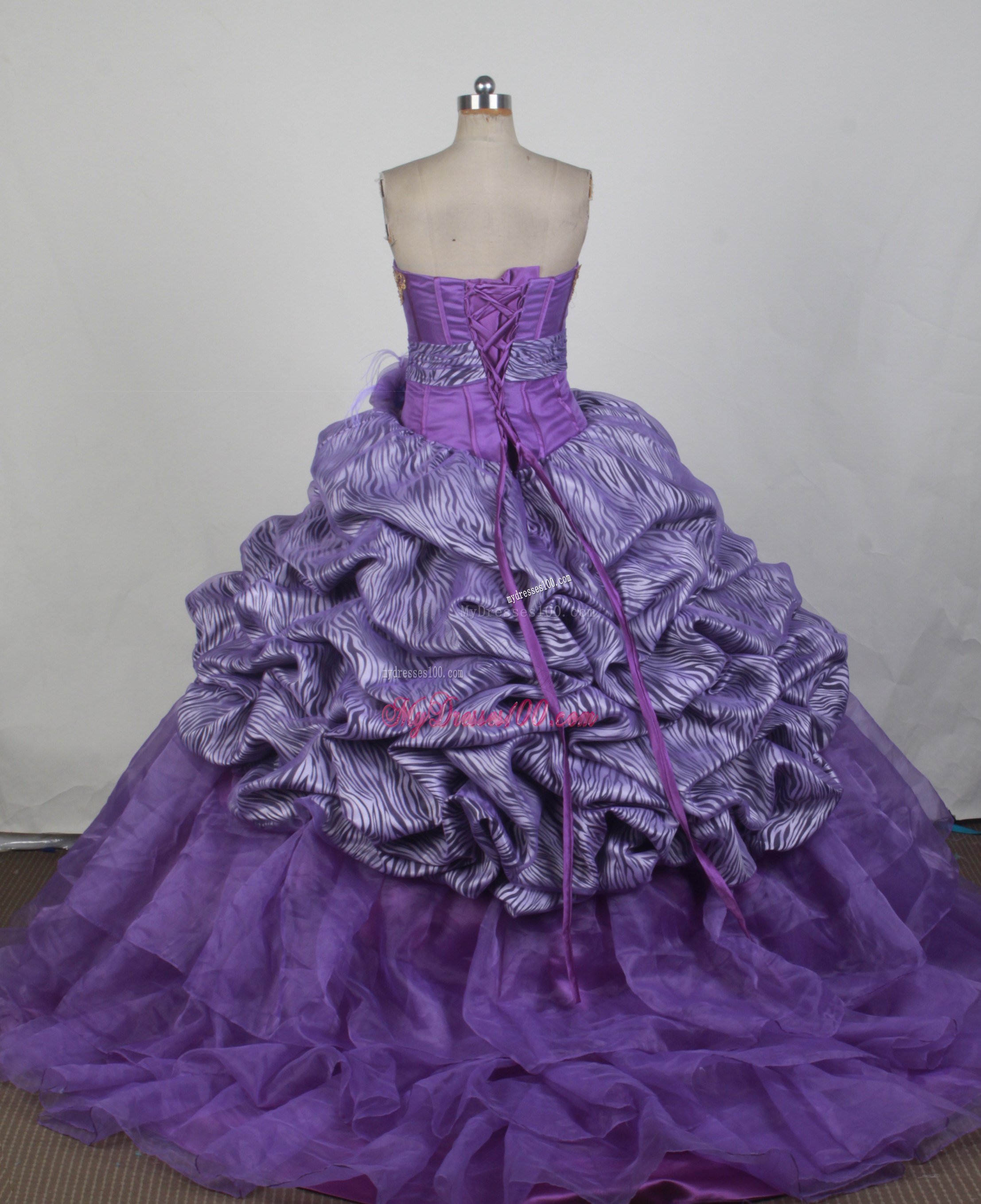 Purple Zabra and Organza Sweet 15 Dresses with Sash and Gold Appliques