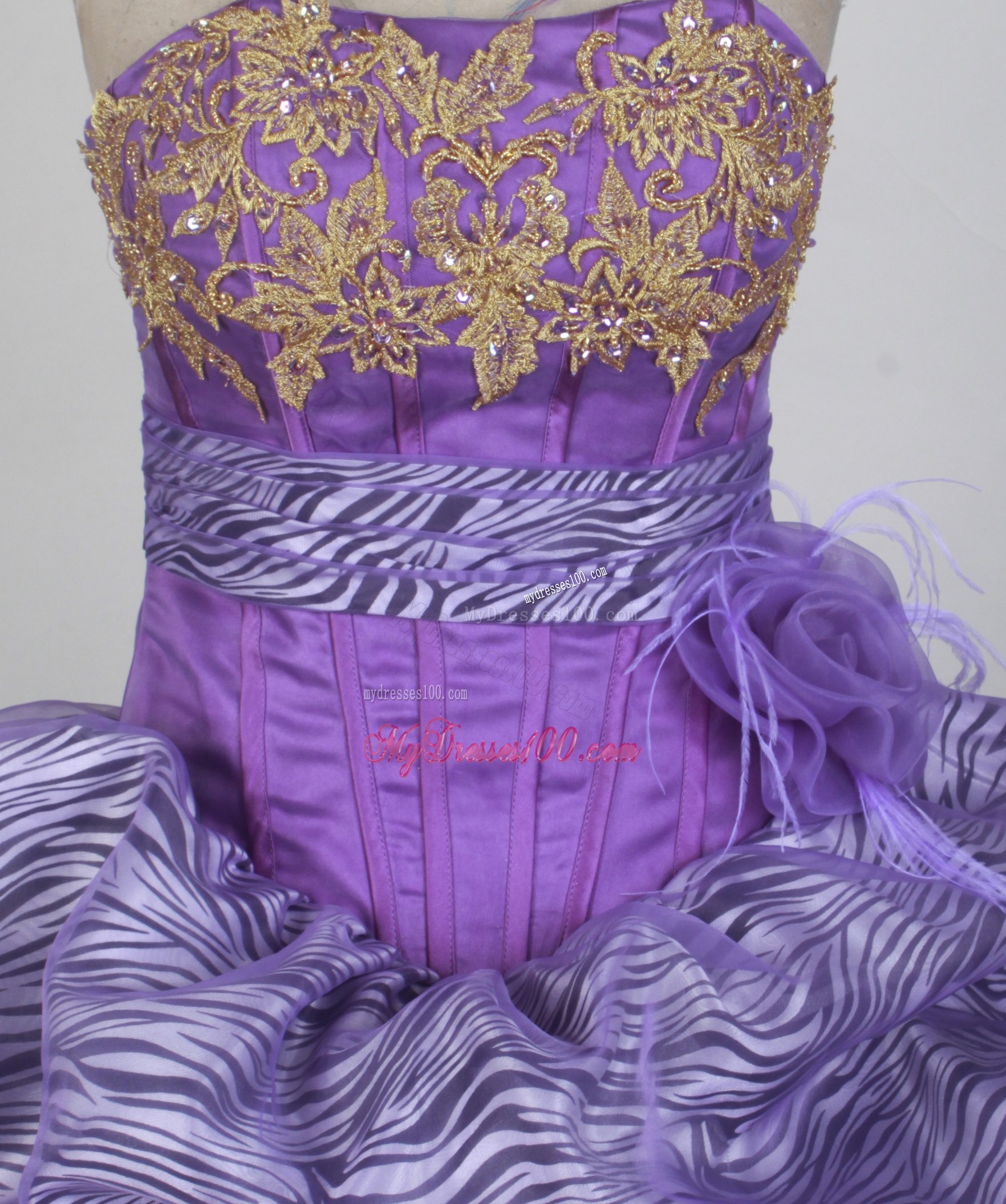 Purple Zabra and Organza Sweet 15 Dresses with Sash and Gold Appliques