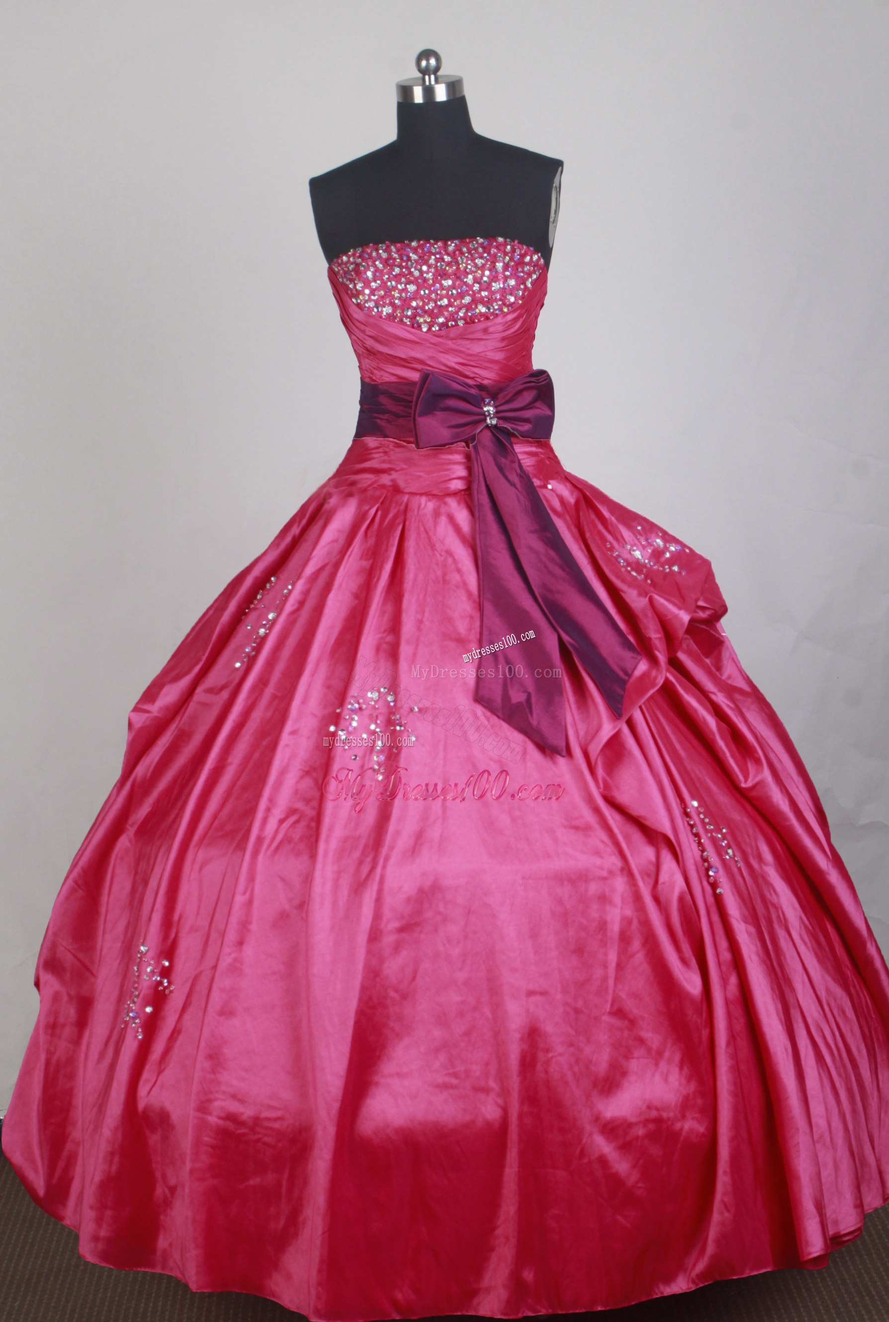 Beaded Fuchsia Dress for Quinceanera with Bowknot Sash