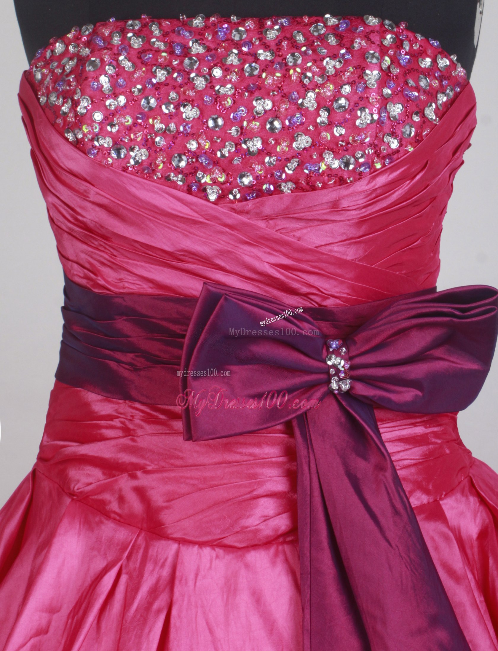 Beaded Fuchsia Dress for Quinceanera with Bowknot Sash