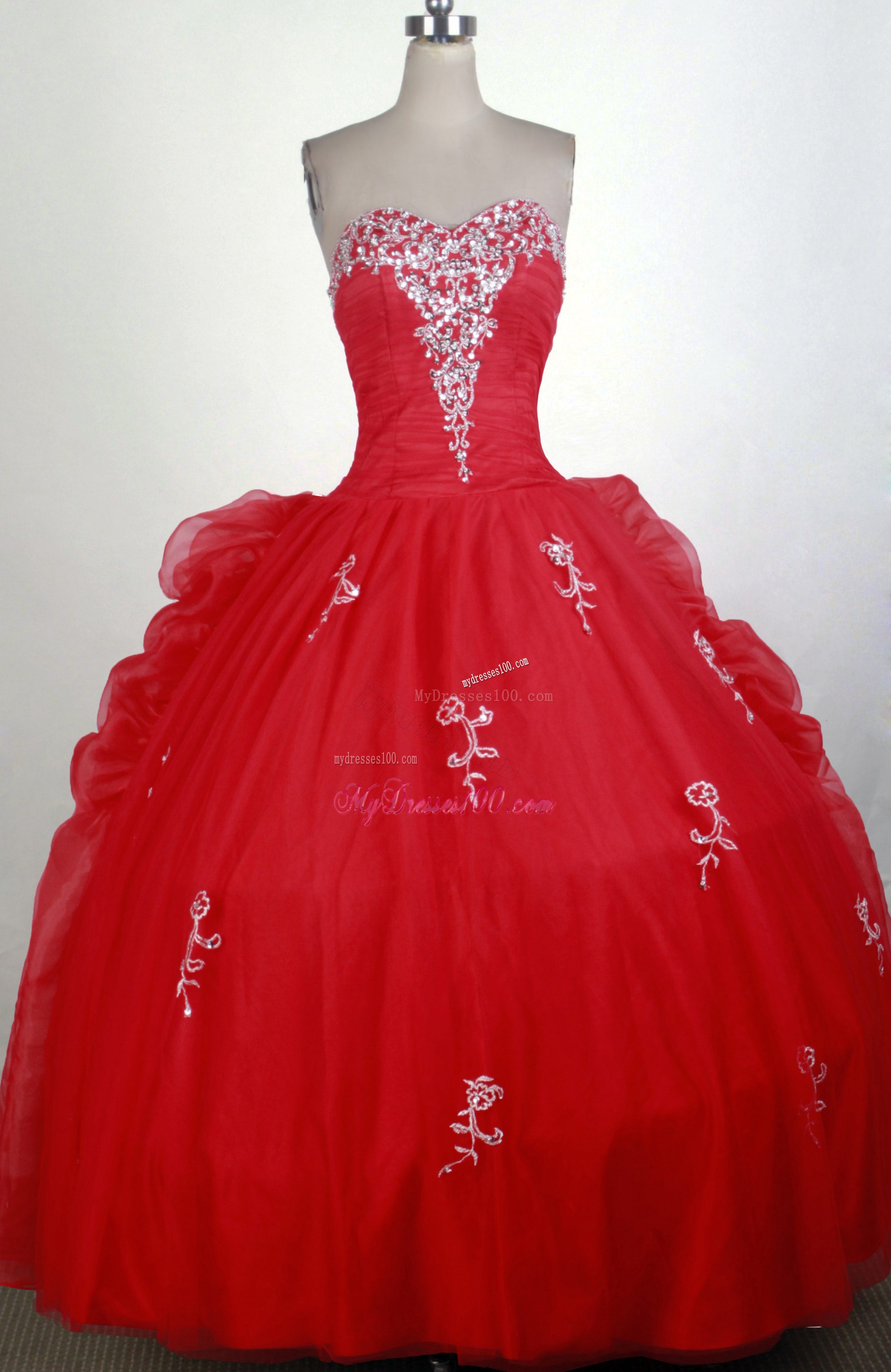 Ruching and Ruffles Sweetheart Sweet 15 Dresses in Red with White Appliques