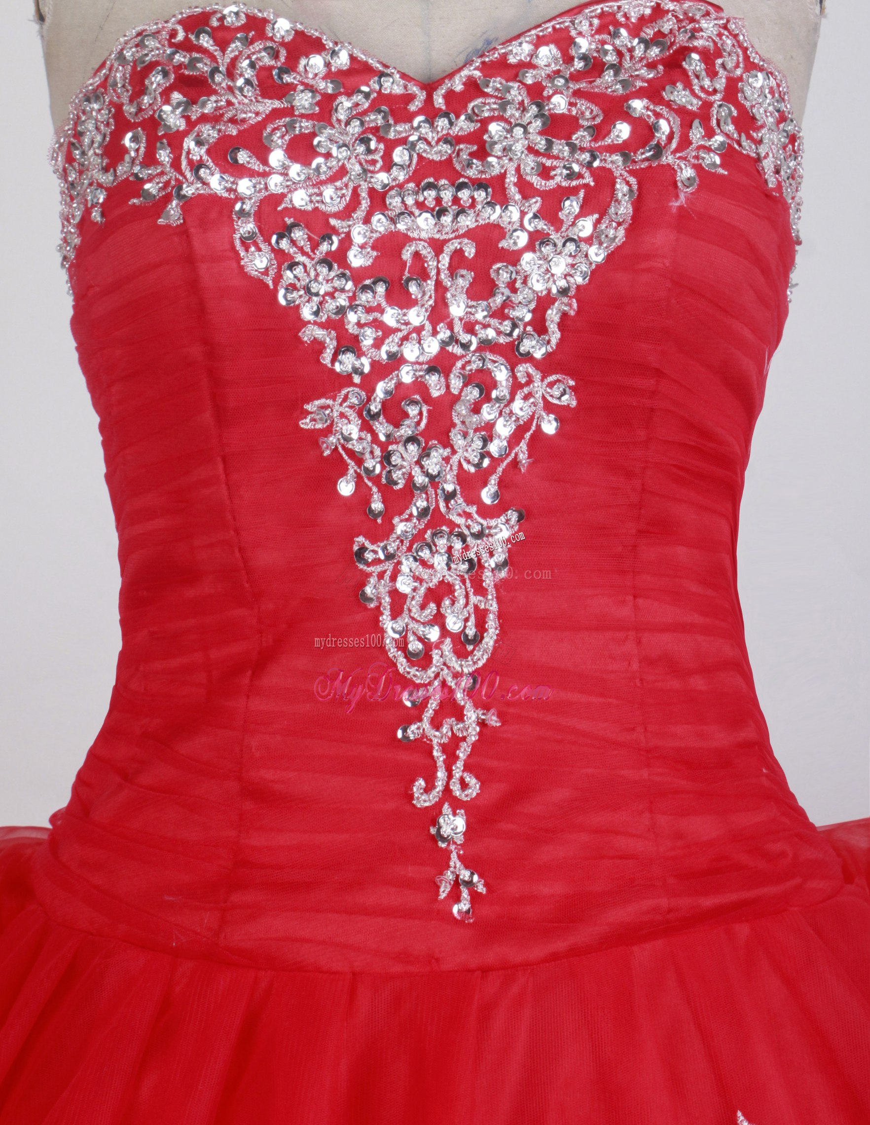 Ruching and Ruffles Sweetheart Sweet 15 Dresses in Red with White Appliques