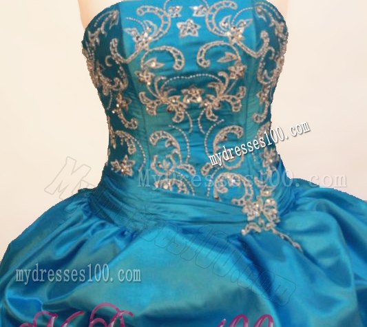 Appliques and Pick-ups Quinceanera Dress with Ruched Sash and Lace Hemline