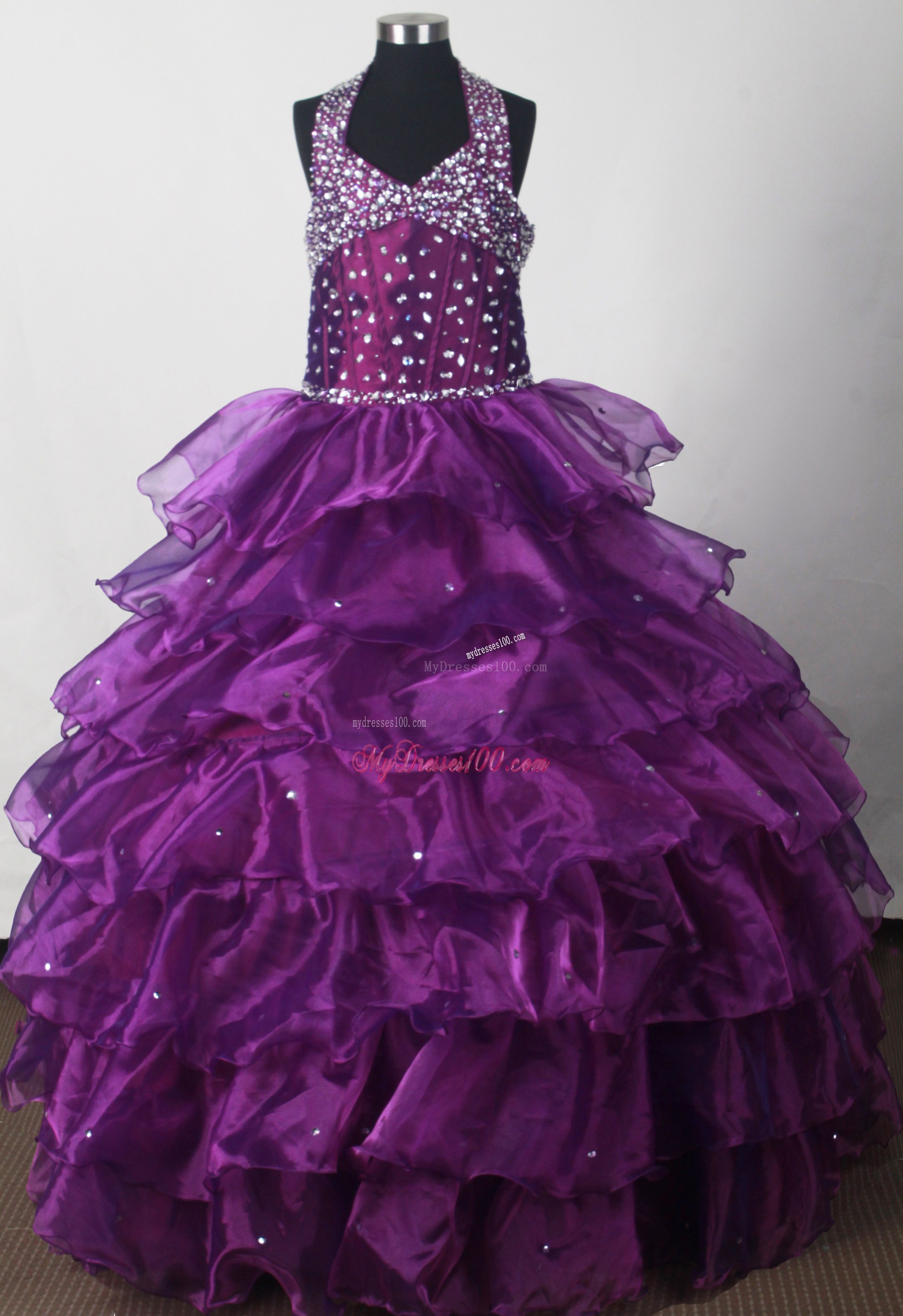 Halter Beaded and Ruffled Quinceanera Dress in Eggplant Purple