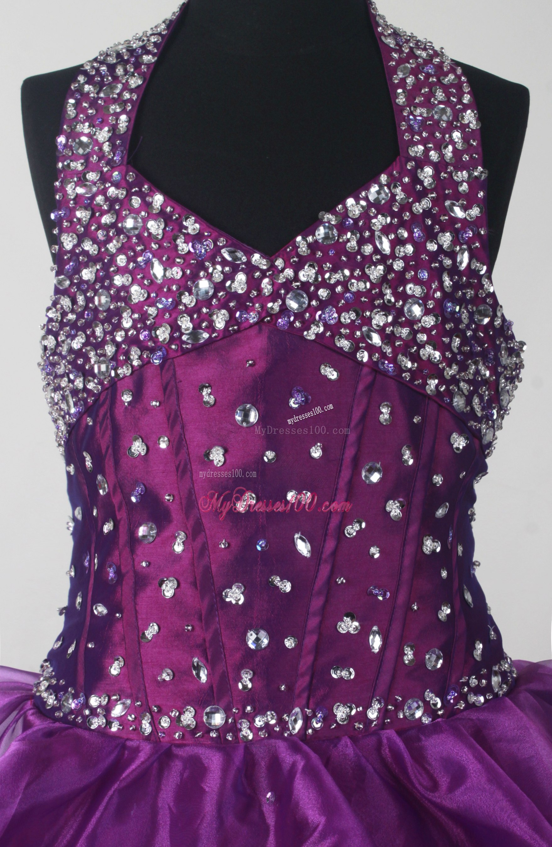 Halter Beaded and Ruffled Quinceanera Dress in Eggplant Purple