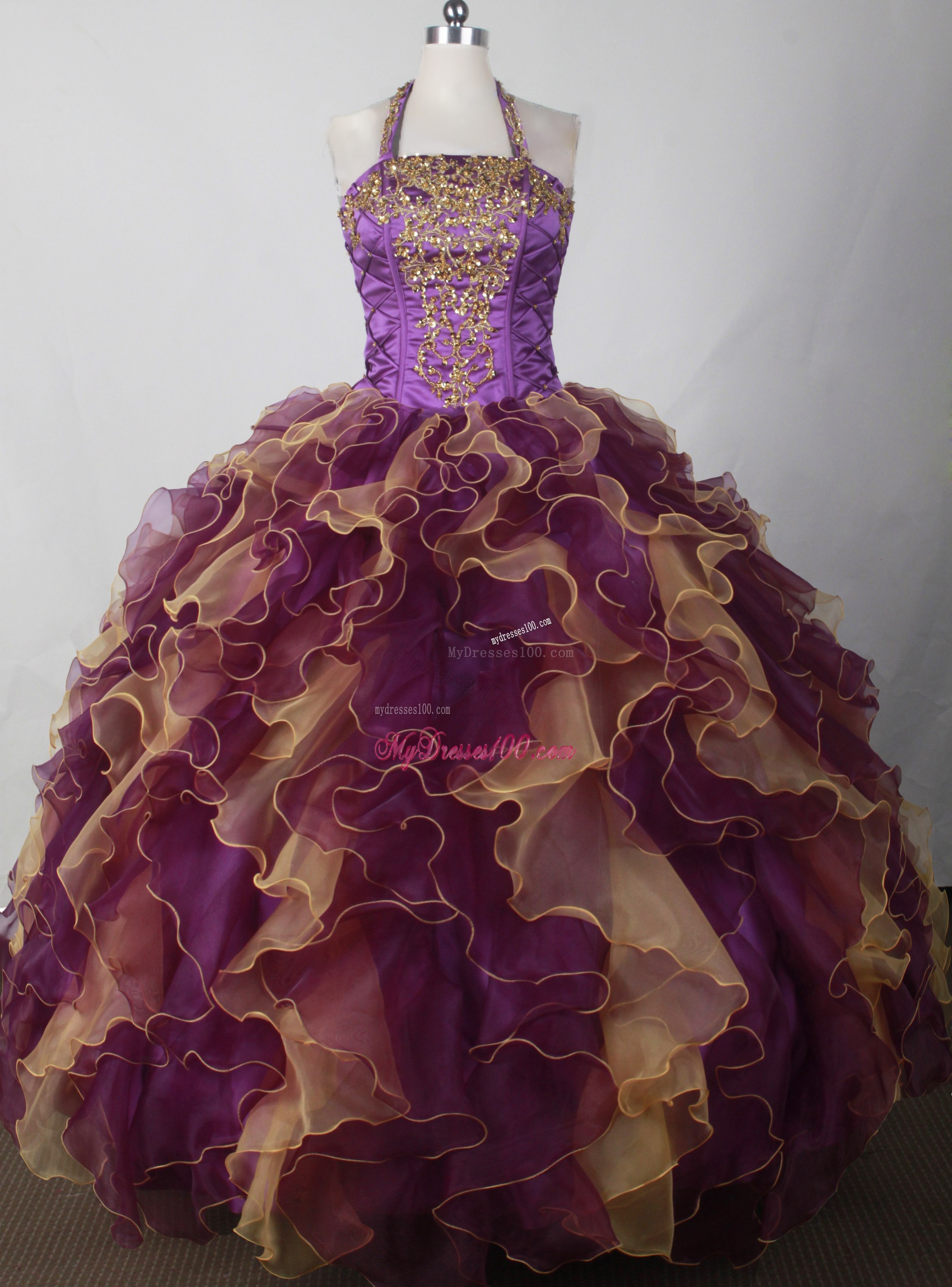Halter Colored Qunceanera Dress with Beading and Ruffles