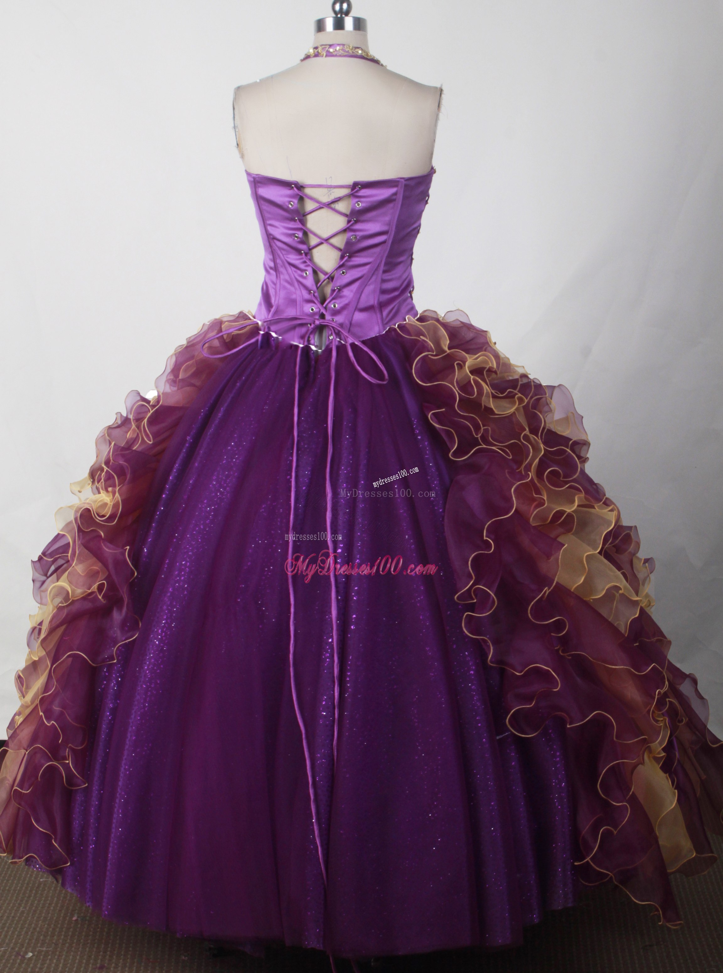 Halter Colored Qunceanera Dress with Beading and Ruffles