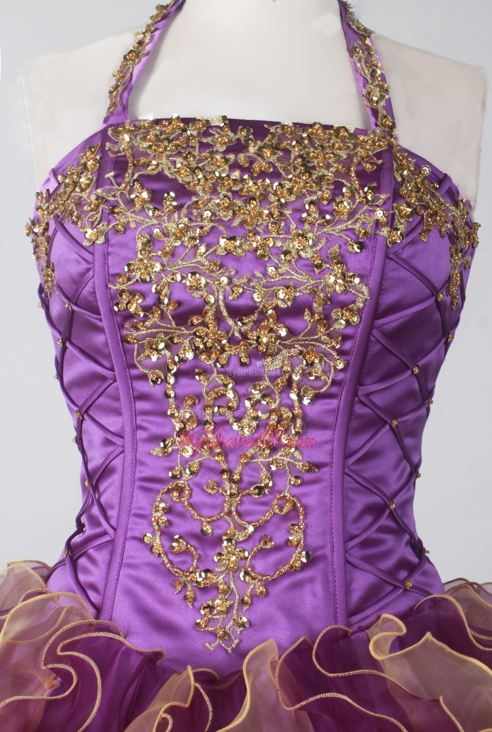 Halter Colored Qunceanera Dress with Beading and Ruffles