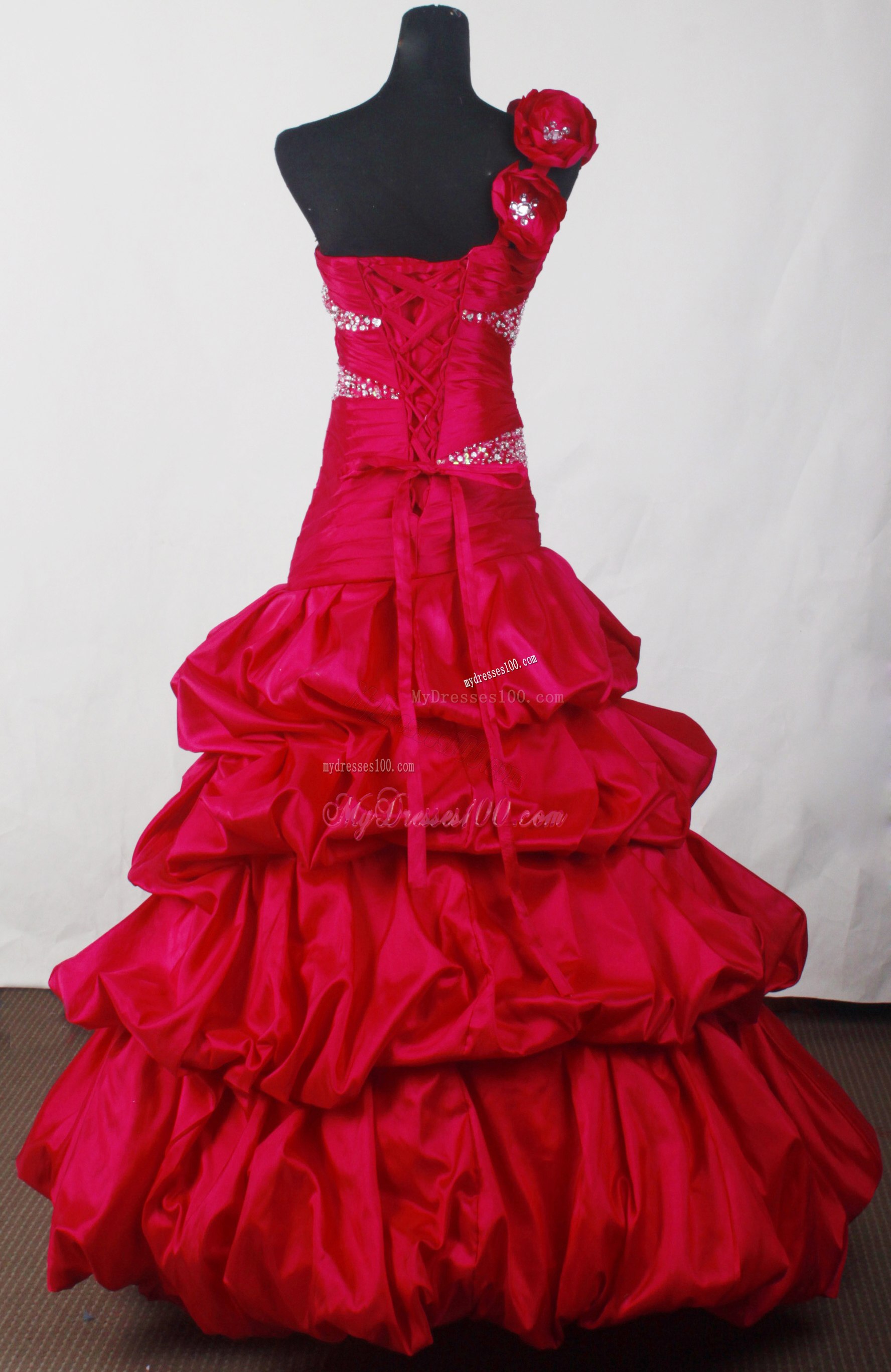 Floral One Shoulder Wine Red Dresses 16 with Pick-ups