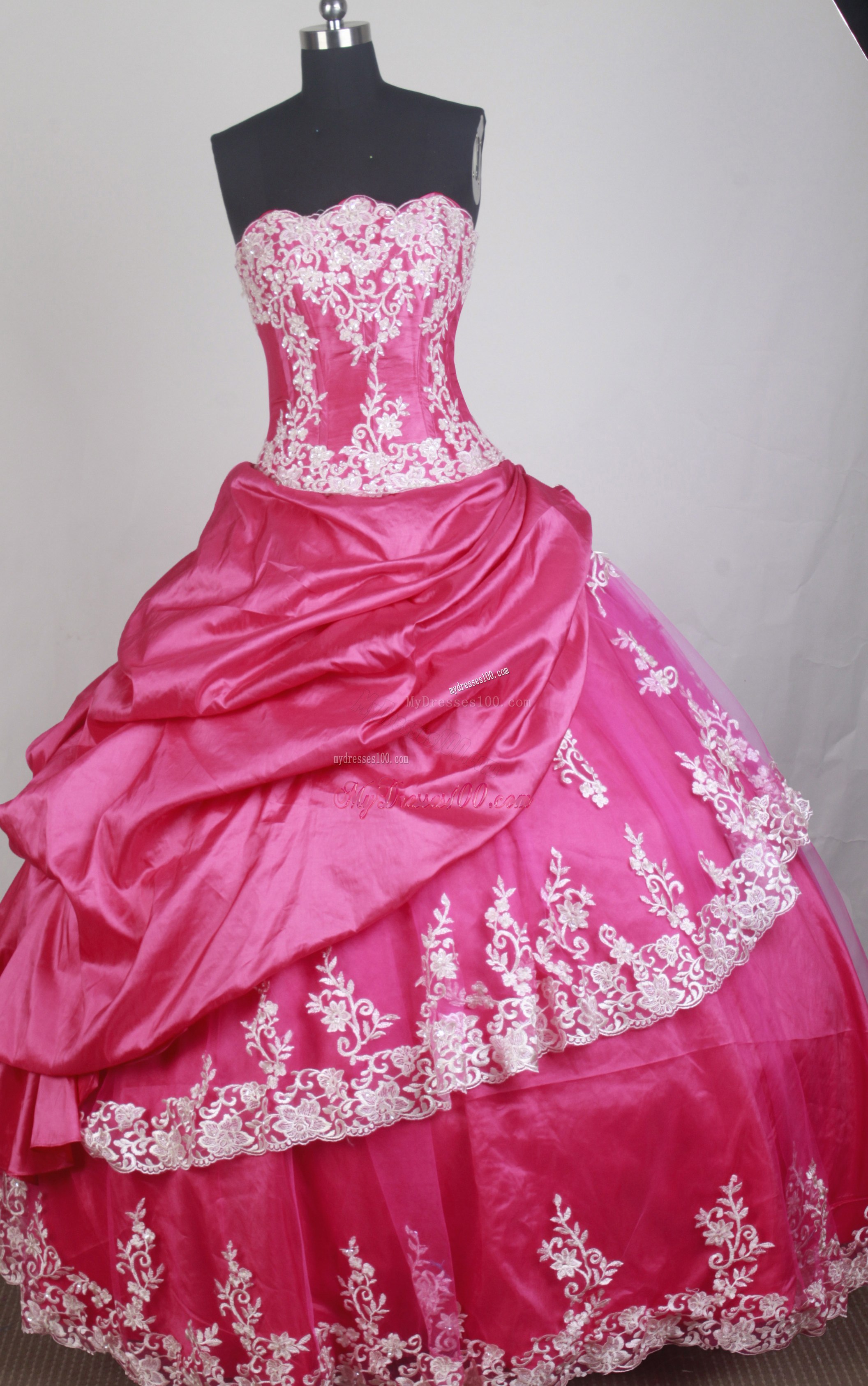 Appliques and Pick-ups Accent Quinceanera Gown in Hot Pink