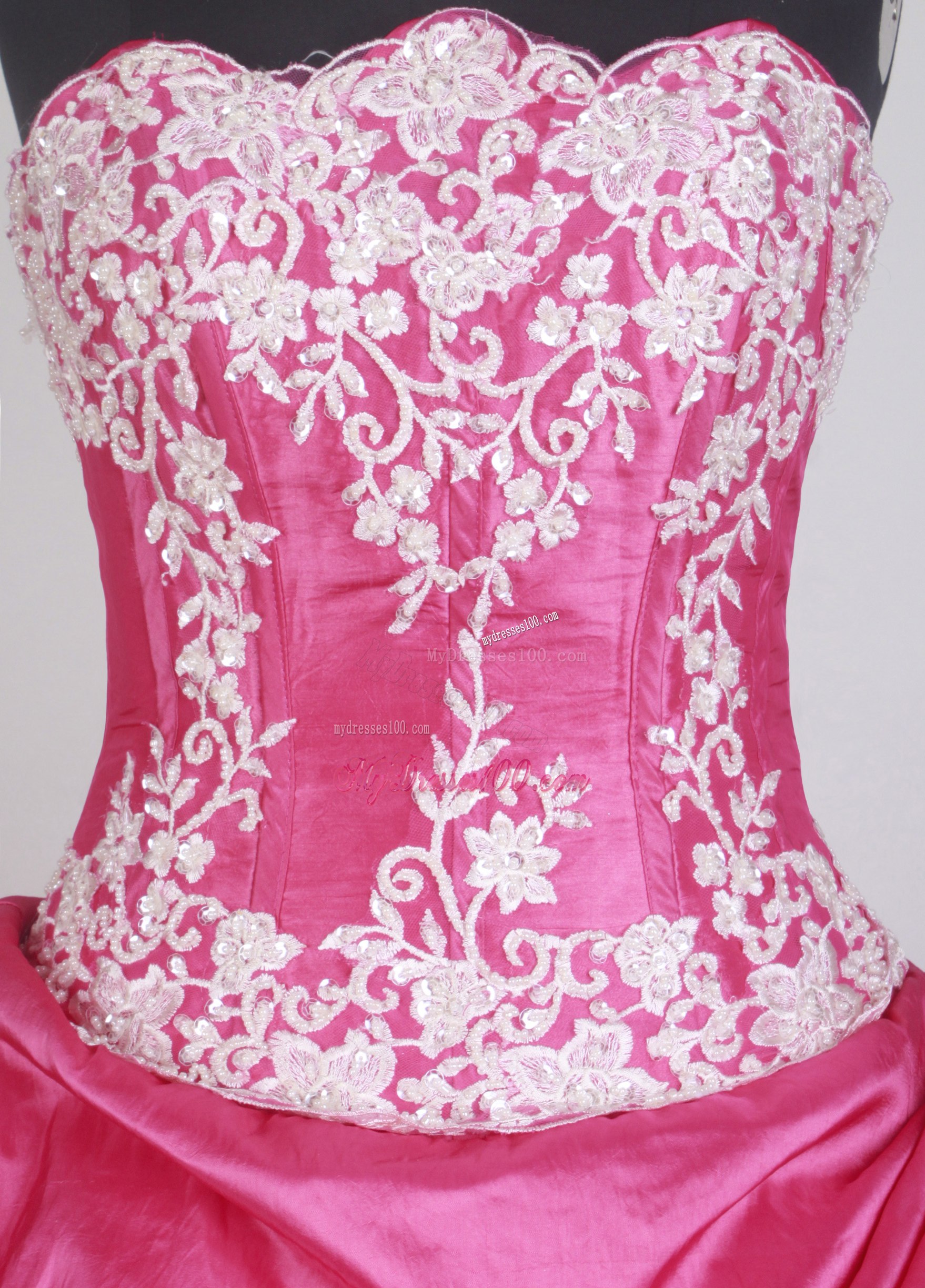 Appliques and Pick-ups Accent Quinceanera Gown in Hot Pink