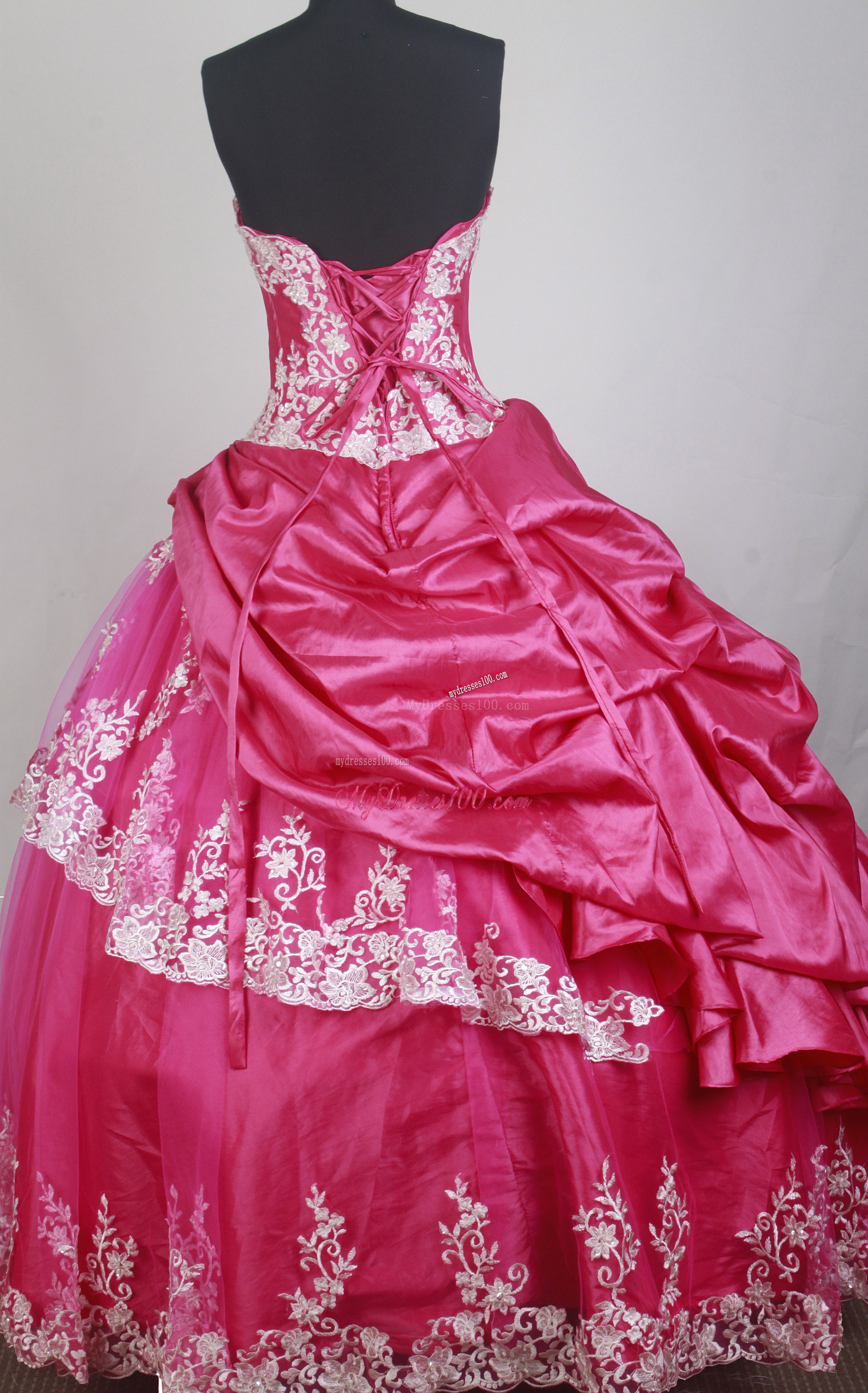 Appliques and Pick-ups Accent Quinceanera Gown in Hot Pink