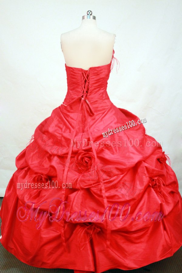 Strapless Handmade Flower Pick-ups Red Quinceanera Dresses in Fashion