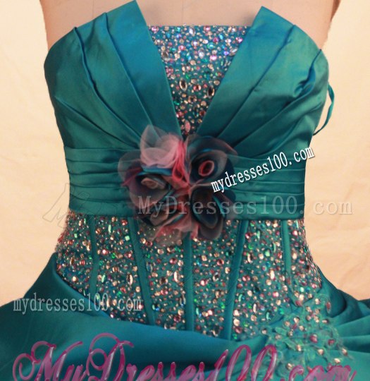 Two-toned Beaded Handmade Flower Sweet 15 Dresses Teal and White