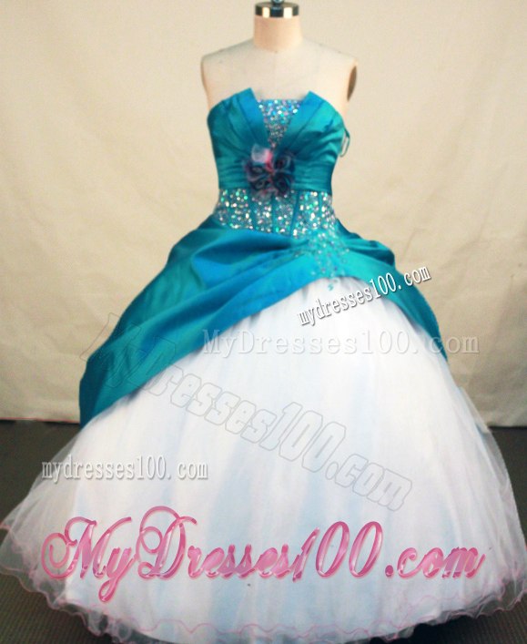 Two-toned Beaded Handmade Flower Sweet 15 Dresses Teal and White
