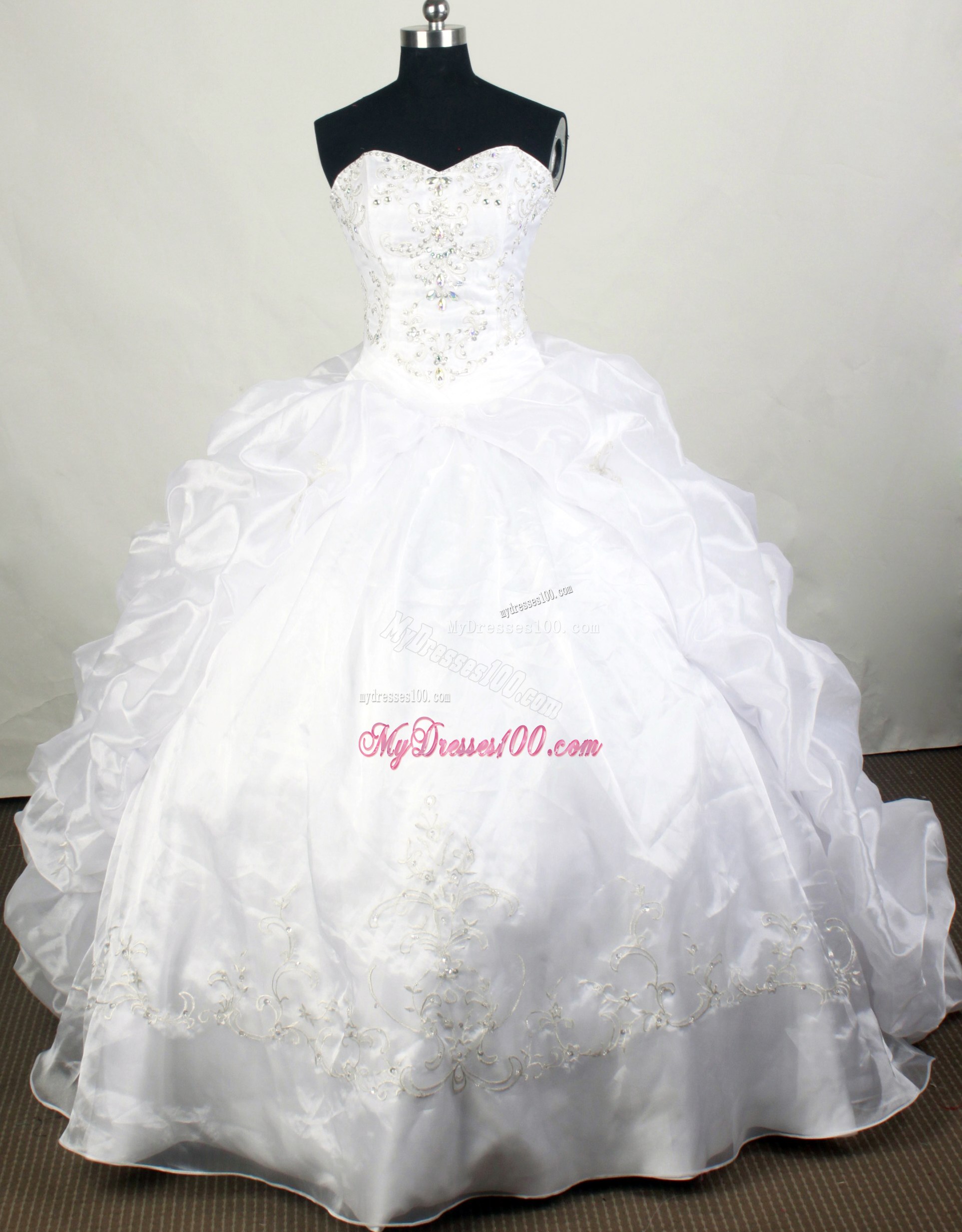 White Beaded Appliques Sweet sixteen dresses with Slit and Brush Train