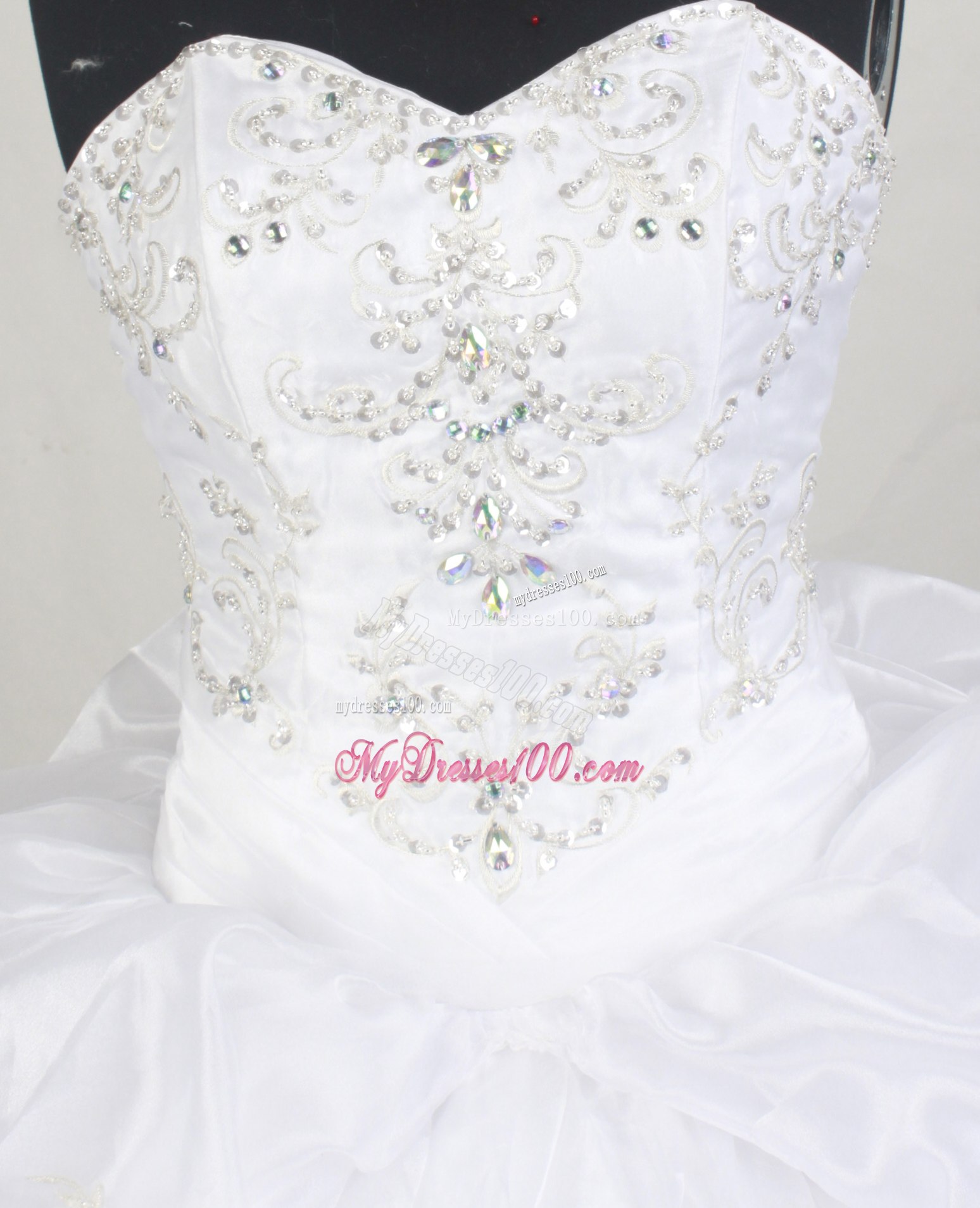 White Beaded Appliques Sweet sixteen dresses with Slit and Brush Train