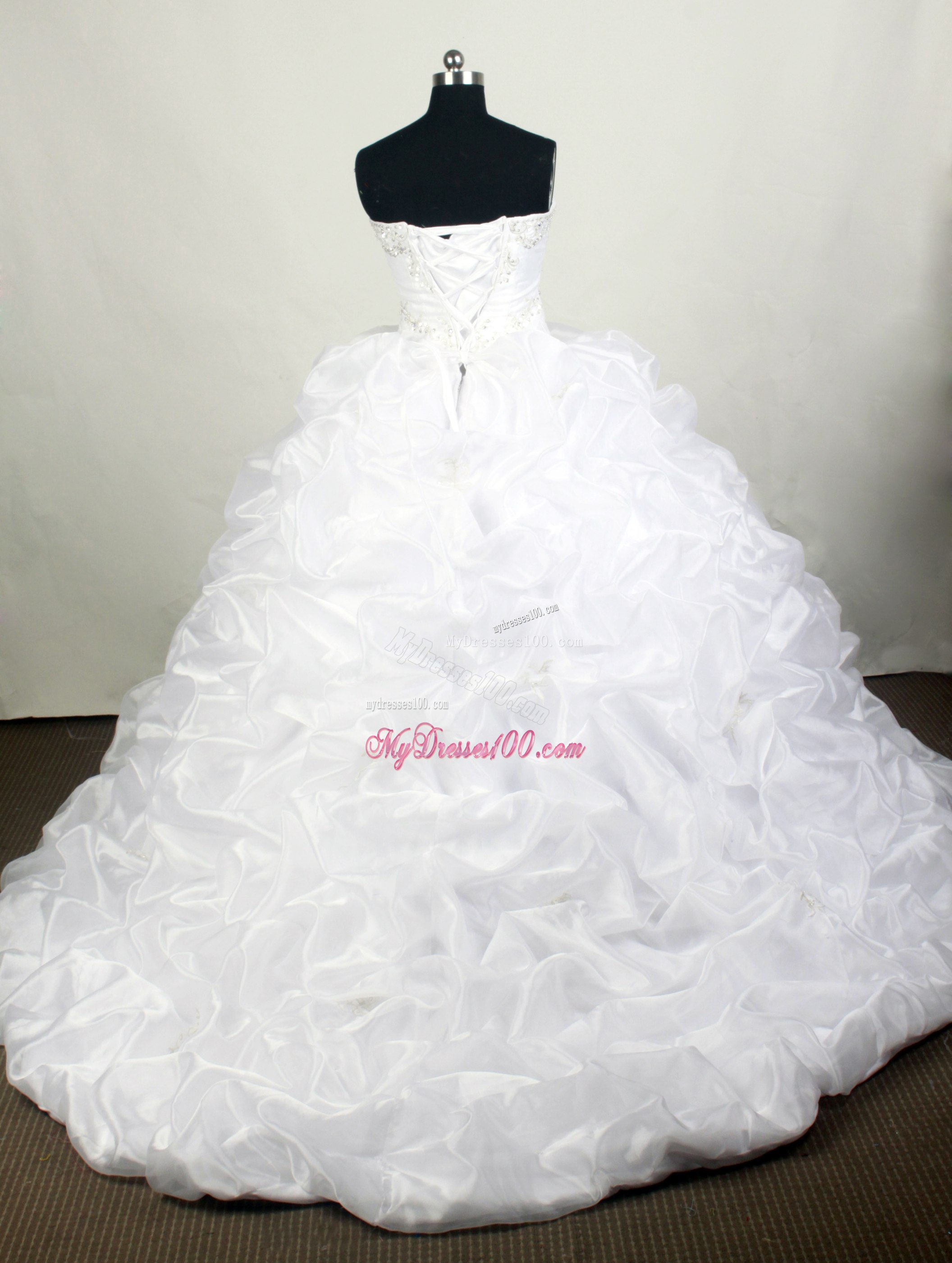 White Beaded Appliques Sweet sixteen dresses with Slit and Brush Train