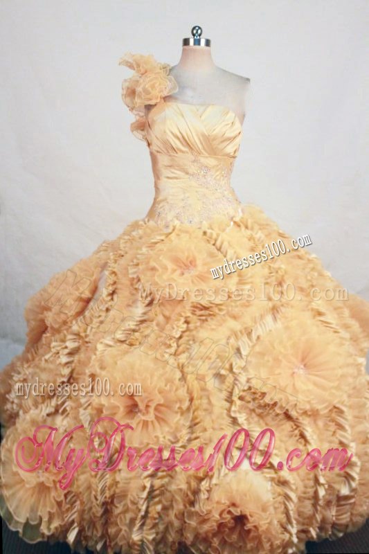 Gold Rolling Flower One Shoulder Sweet 15 Dresses for Girls with Ruche