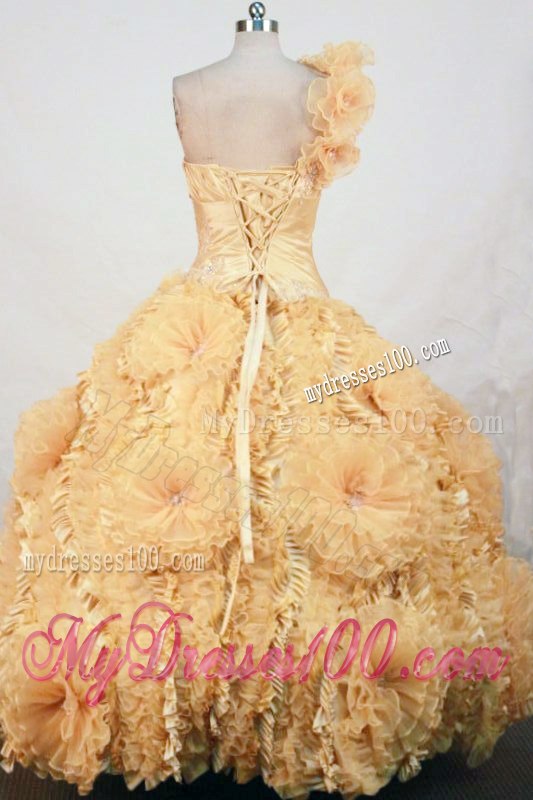 Gold Rolling Flower One Shoulder Sweet 15 Dresses for Girls with Ruche