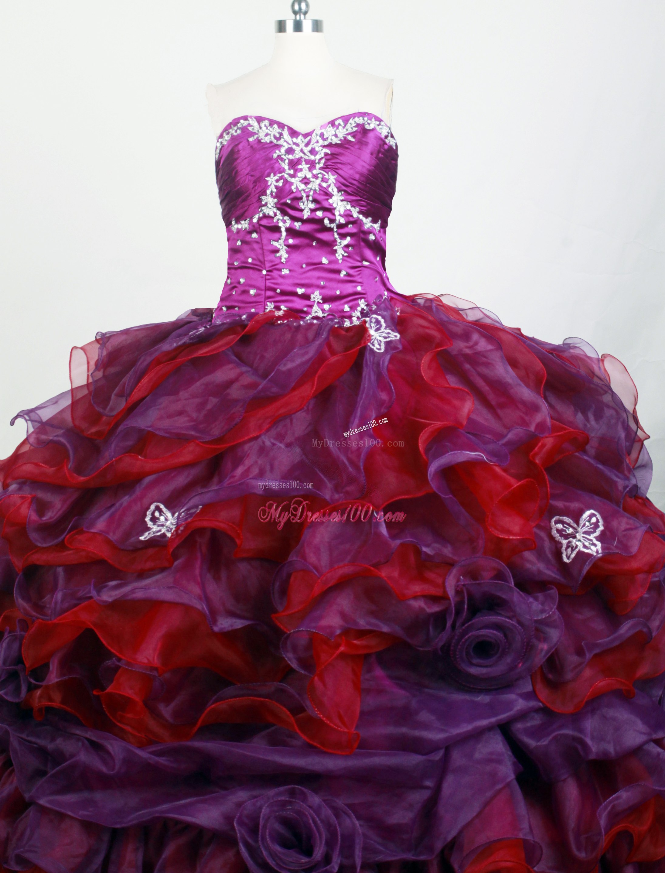 Ruche Appliques Handle Flowers and Jewelry Decorated Quinceanera Dresses