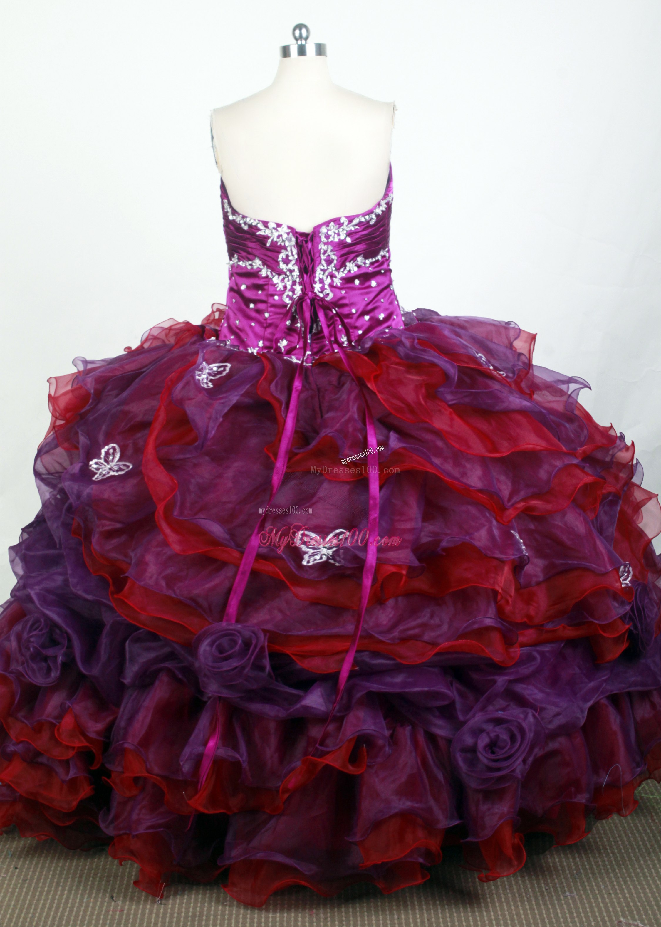 Ruche Appliques Handle Flowers and Jewelry Decorated Quinceanera Dresses