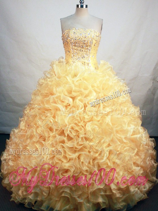 Rolling Flower Gold Sweet 15 Birthday Party Dresses with Beading