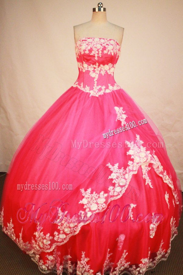 Simple Style Hot Pink Appliques Puffy Sweet 15 Dresses Floor Length