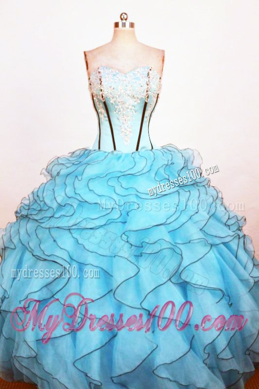 Light Blue Bodice Dress for Quince with Ruffled Layers and White Appliques