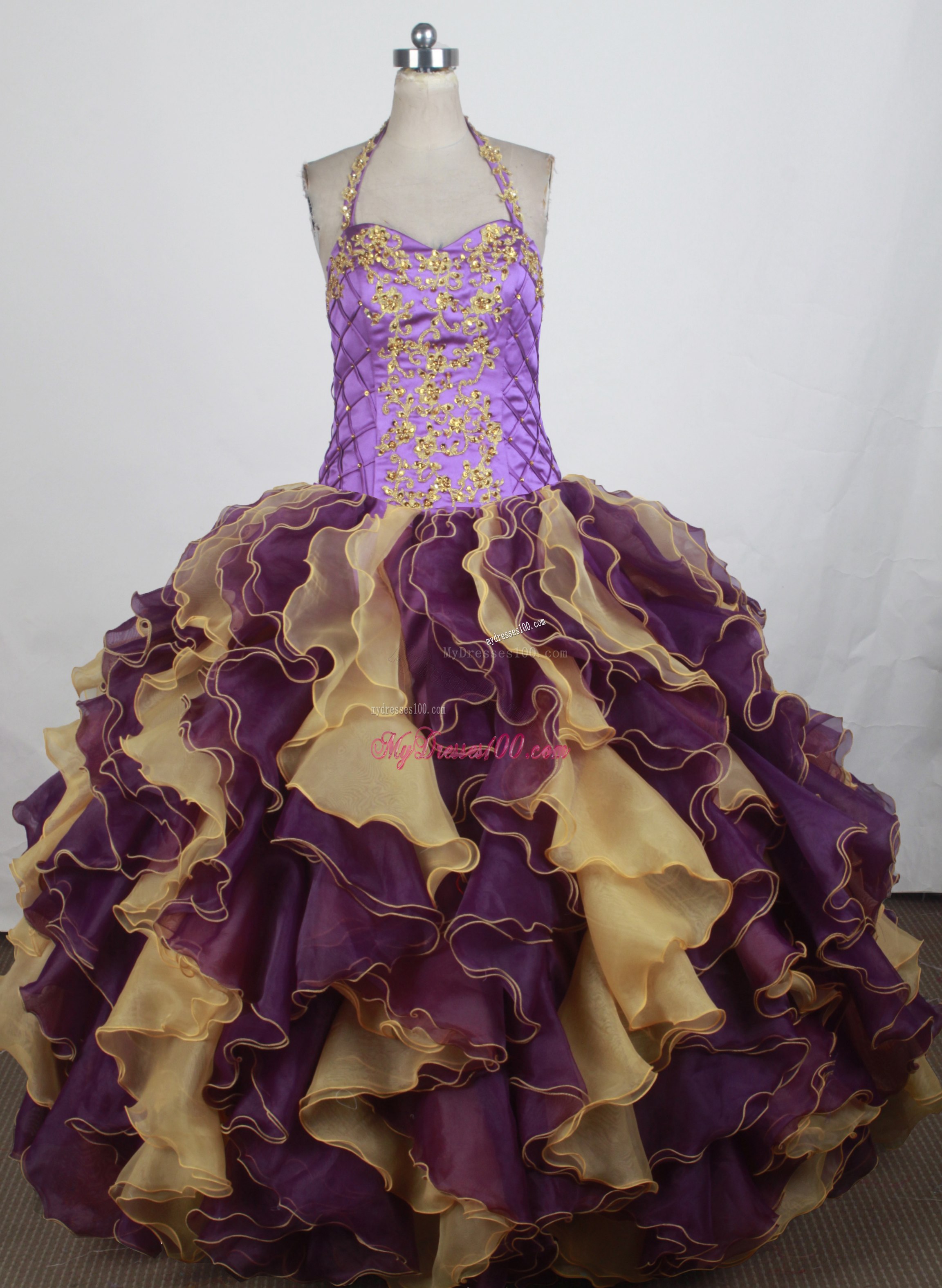 Colored Halter Top Sweet sixteen dresses With Ruffles and Gold Appliques