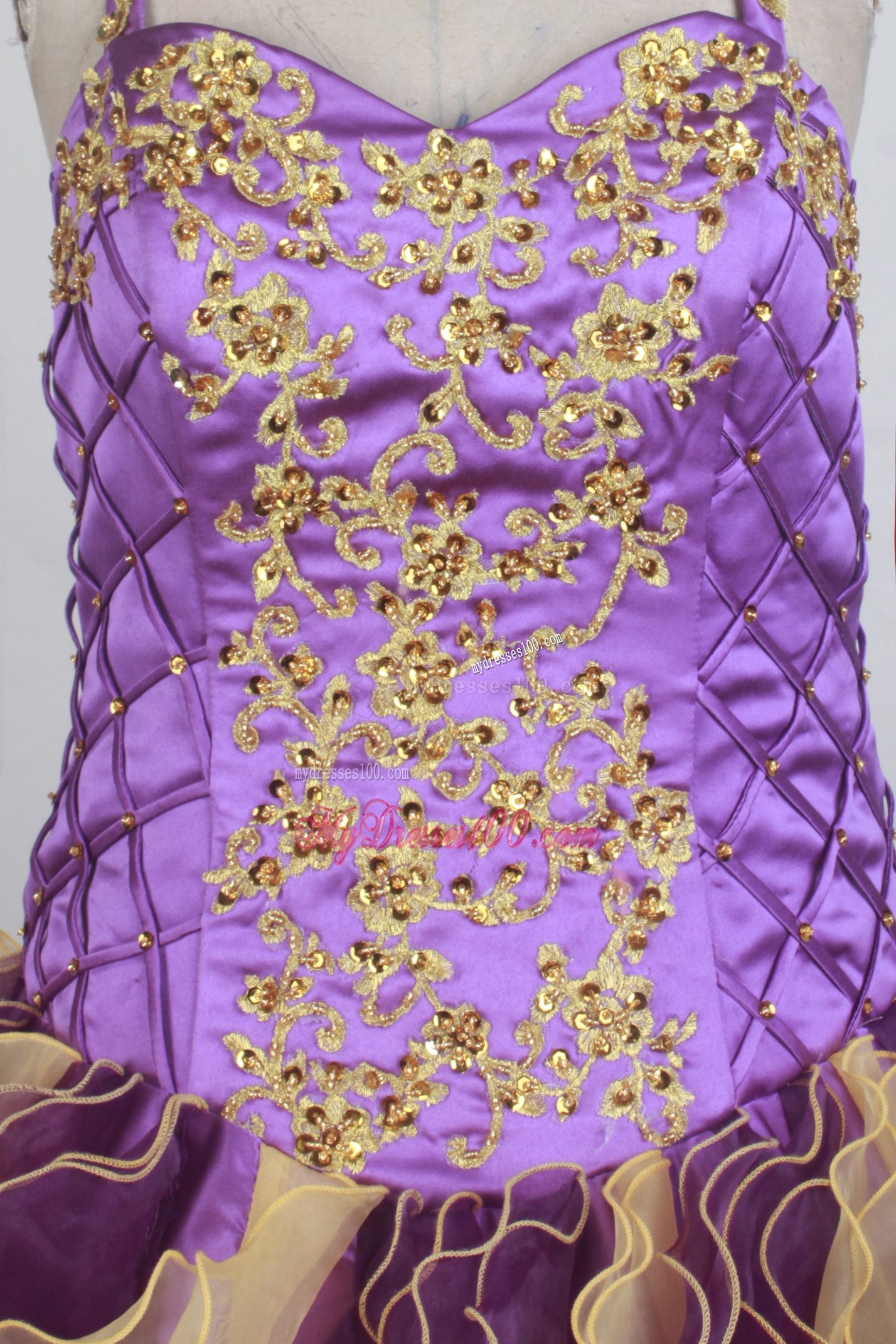 Colored Halter Top Sweet sixteen dresses With Ruffles and Gold Appliques