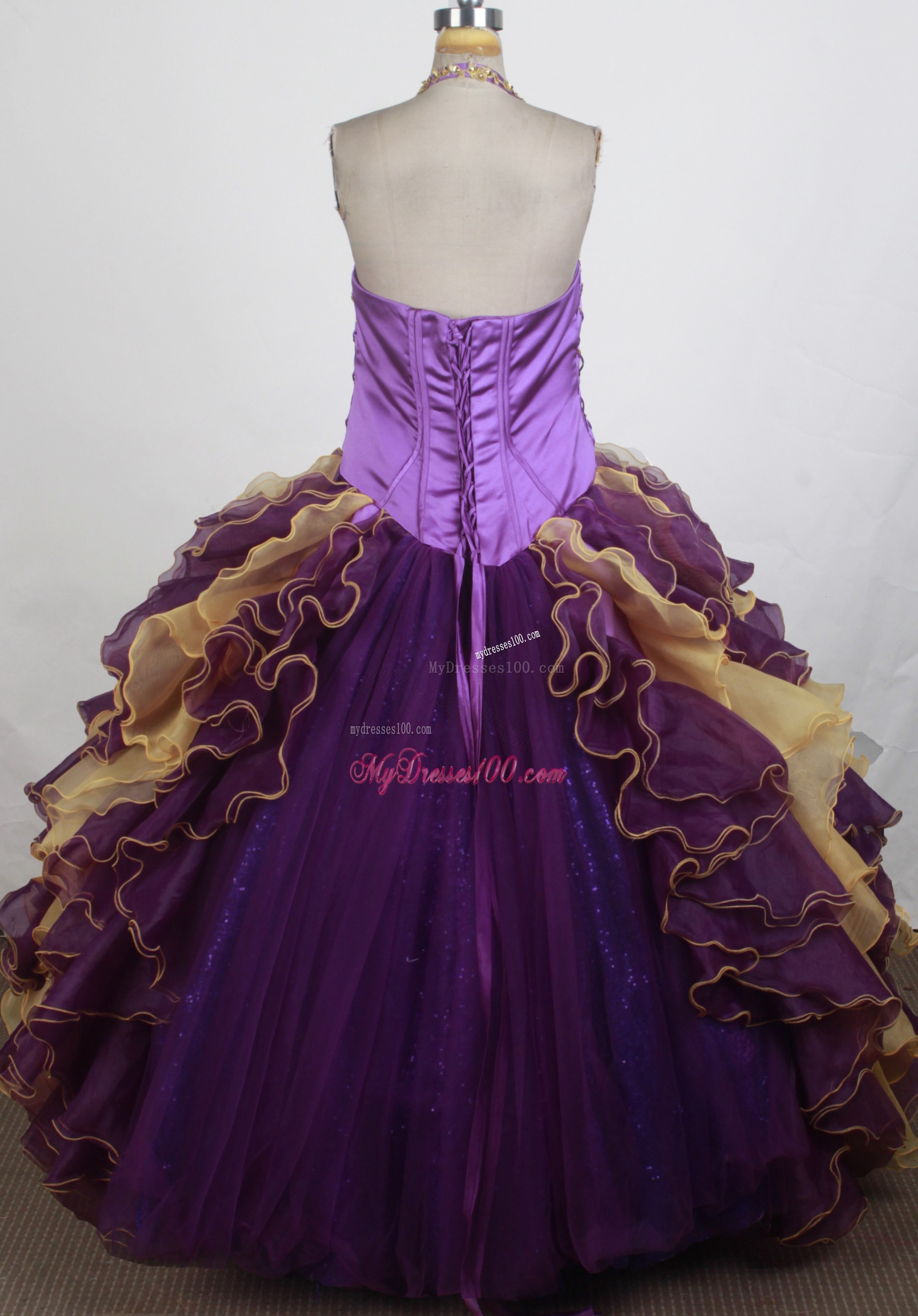 Colored Halter Top Sweet sixteen dresses With Ruffles and Gold Appliques