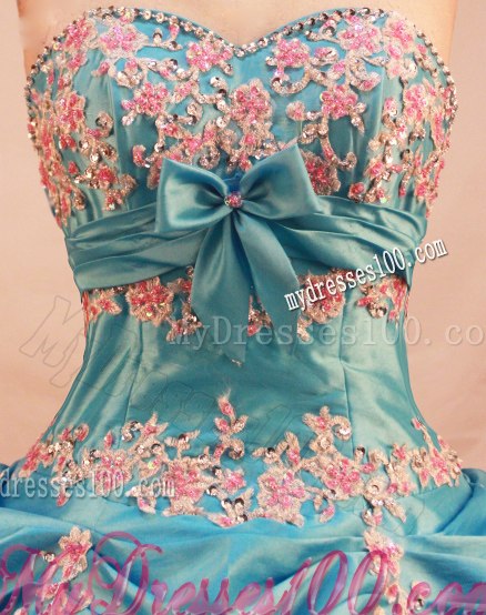 Aqua Blue Bowknot Sweet 15 Dresses with Hot Pink Appliques Ruffle Layers