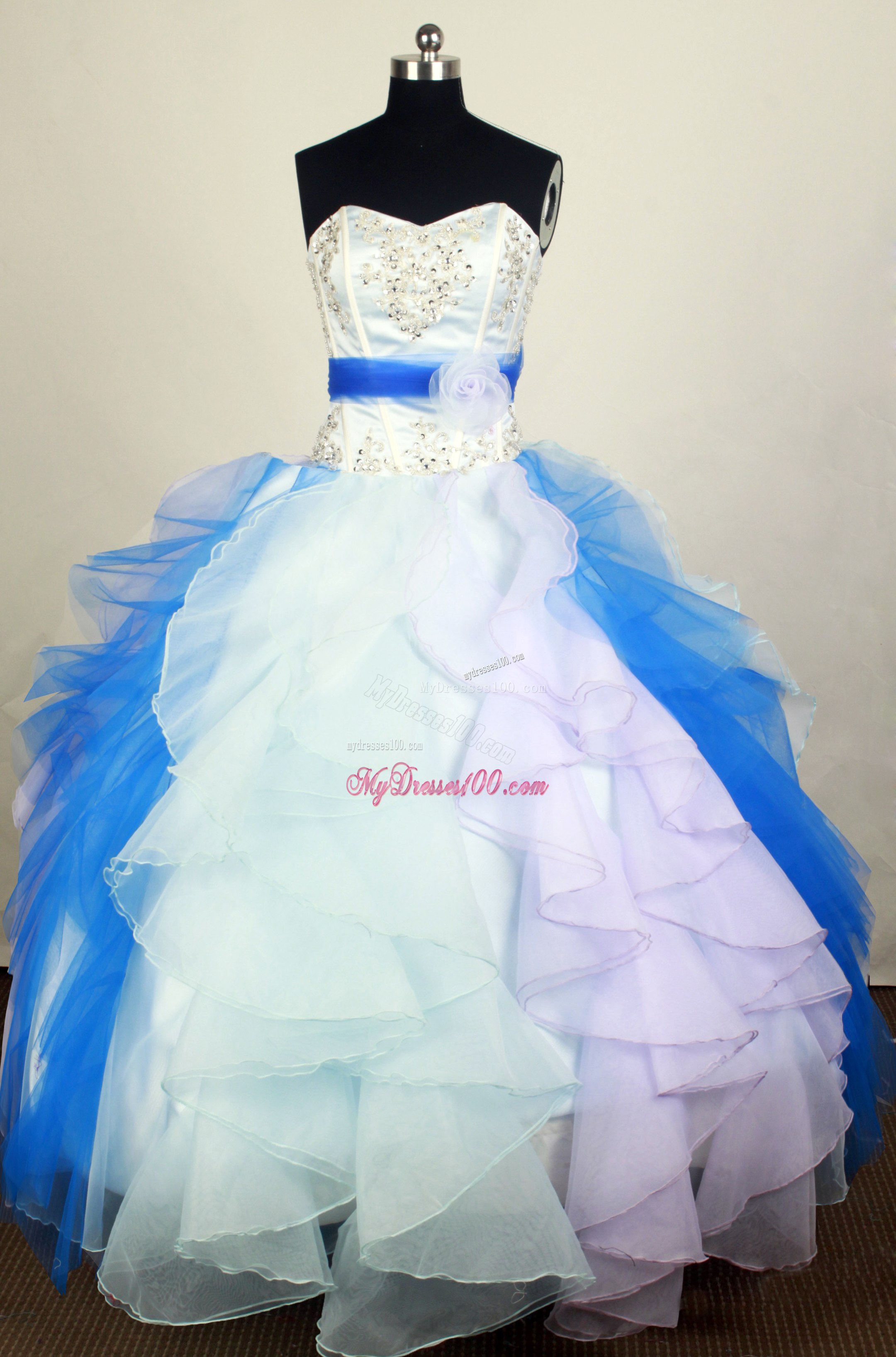 Colorful Tiers Beading Sweet 16 Dresses with Flowers Tulle Ribbon