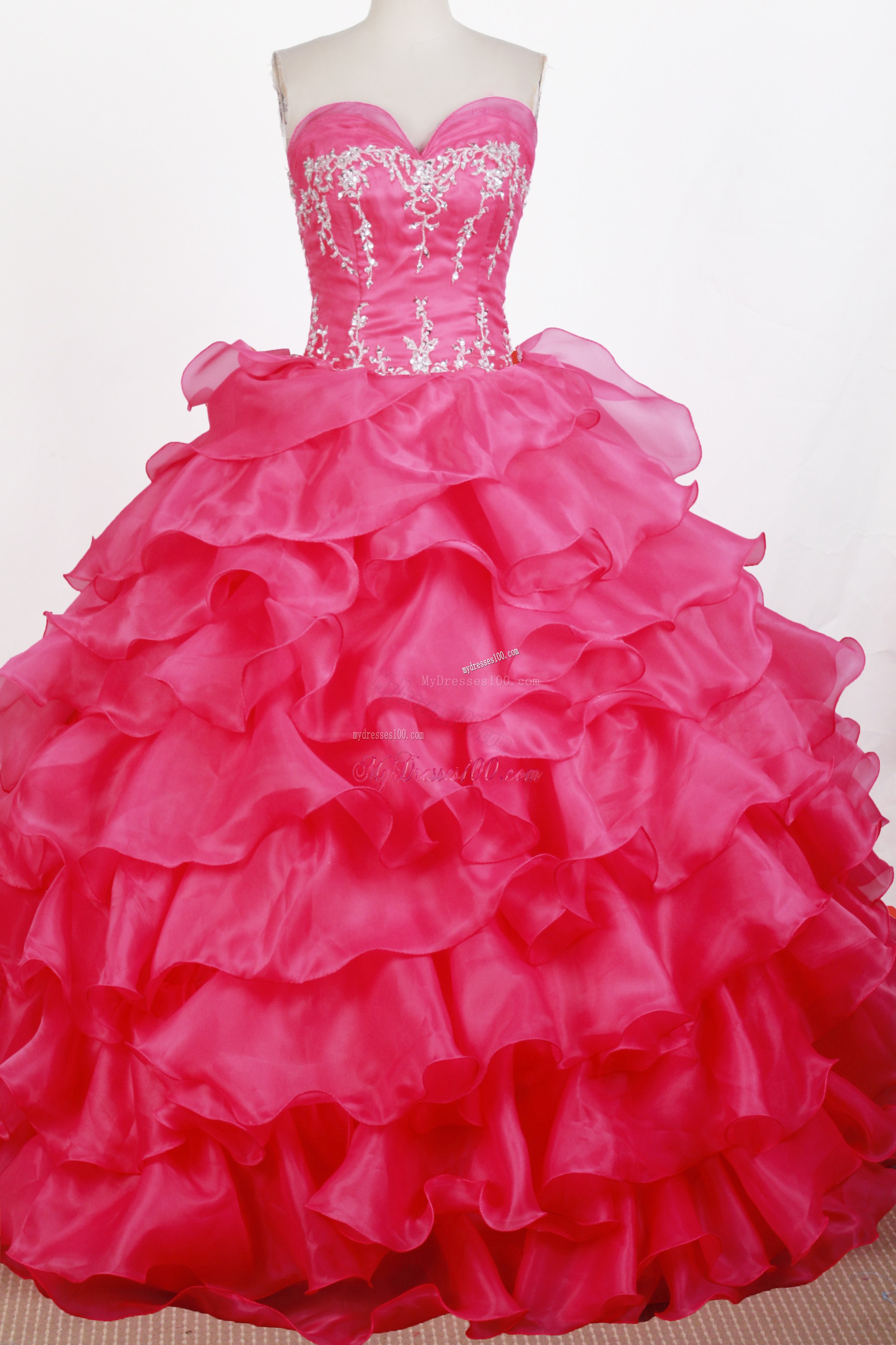 Hot Pink Sweetheart Beading Appliques Sweet sixteen dresses with Ruffled Layers