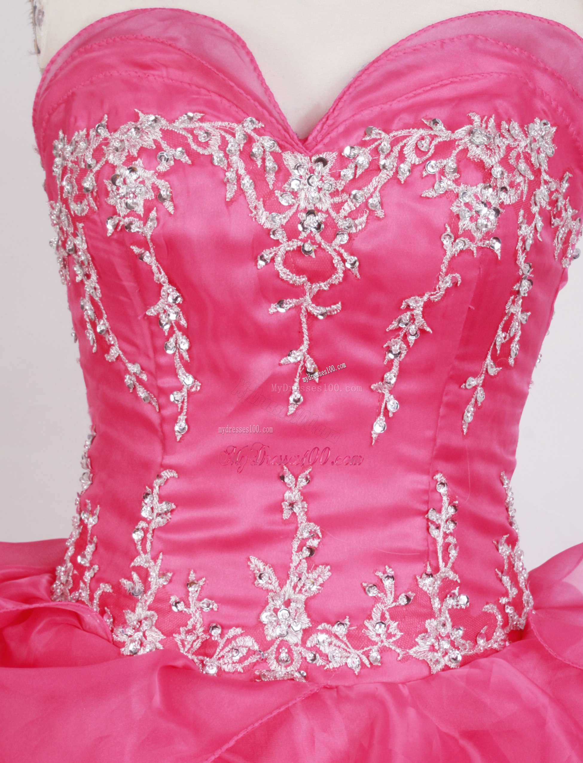 Hot Pink Sweetheart Beading Appliques Sweet sixteen dresses with Ruffled Layers