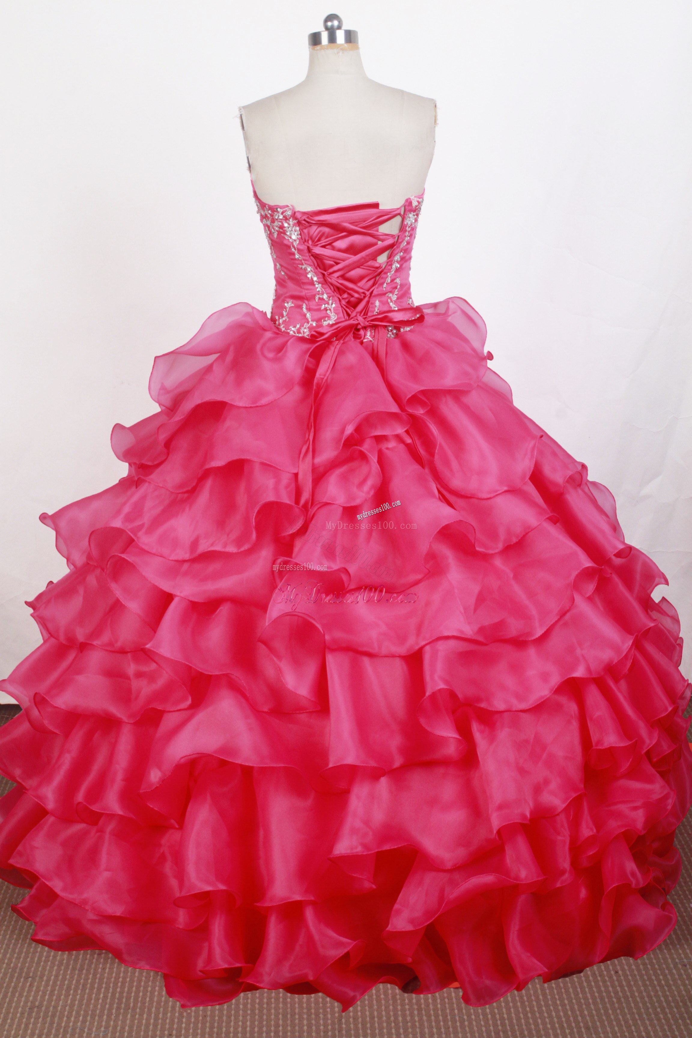 Hot Pink Sweetheart Beading Appliques Sweet sixteen dresses with Ruffled Layers