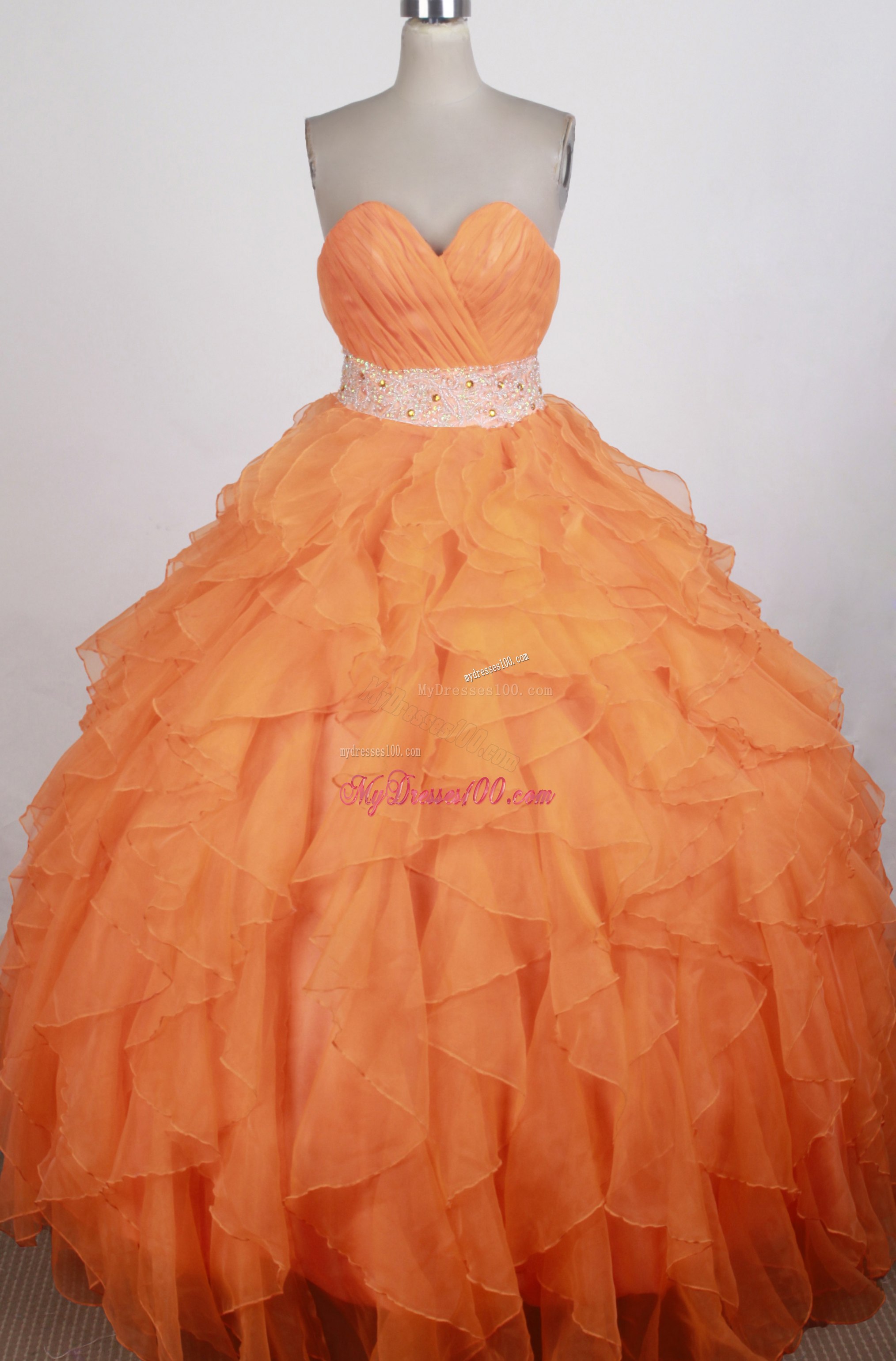 Ruched Sweetheart Sweet 15 Dresses with Ruffles and White Beaded Sash