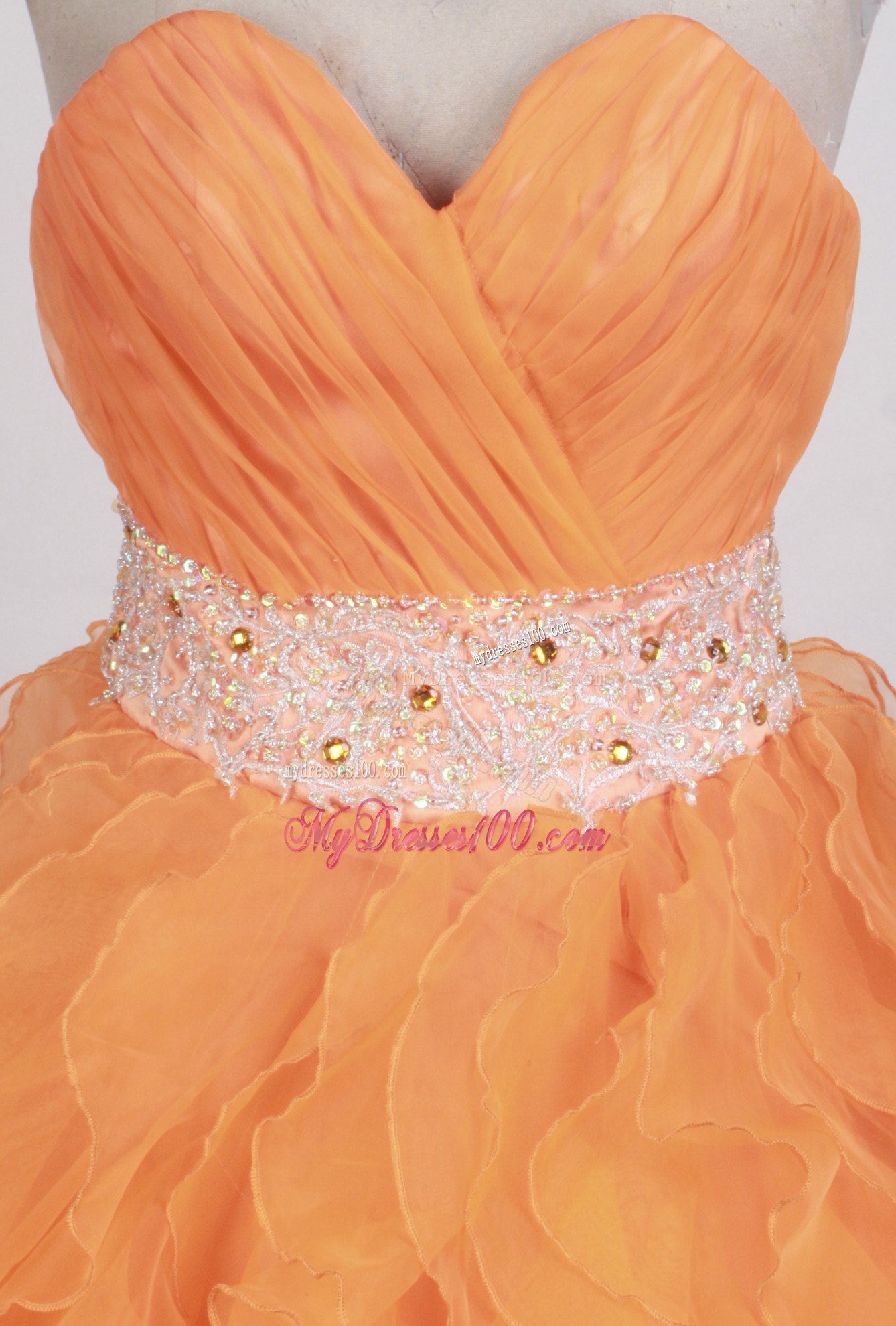 Ruched Sweetheart Sweet 15 Dresses with Ruffles and White Beaded Sash