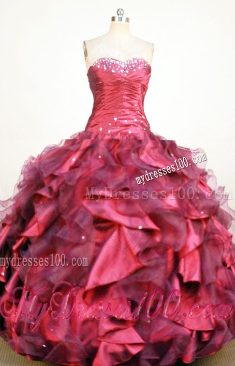 Fashion Beading Sweetheart Ruffles Quinceanera Dresses in Red Floor Length