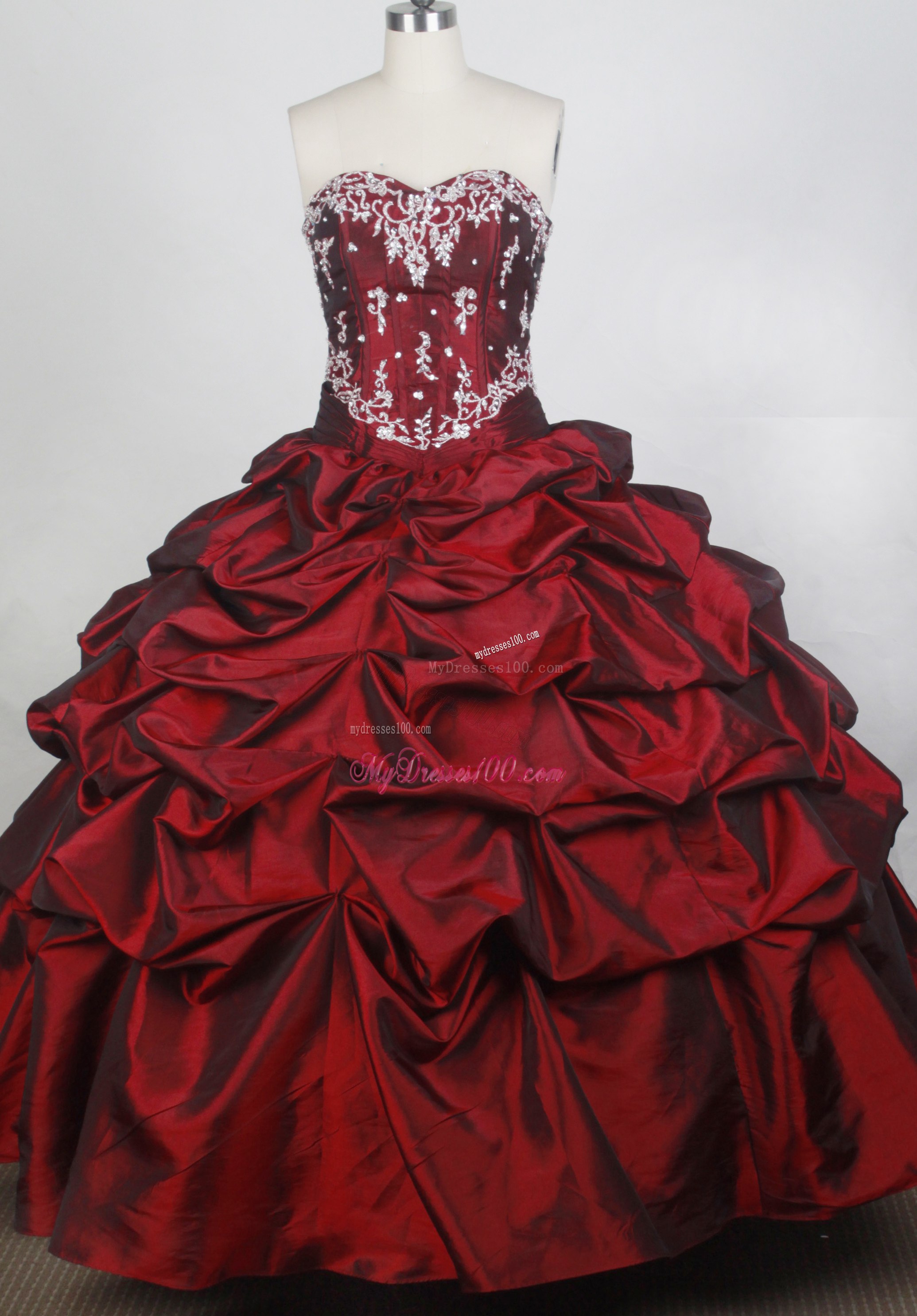 Appliques and Pick-ups Accent Wine Red Quiceanera Gown