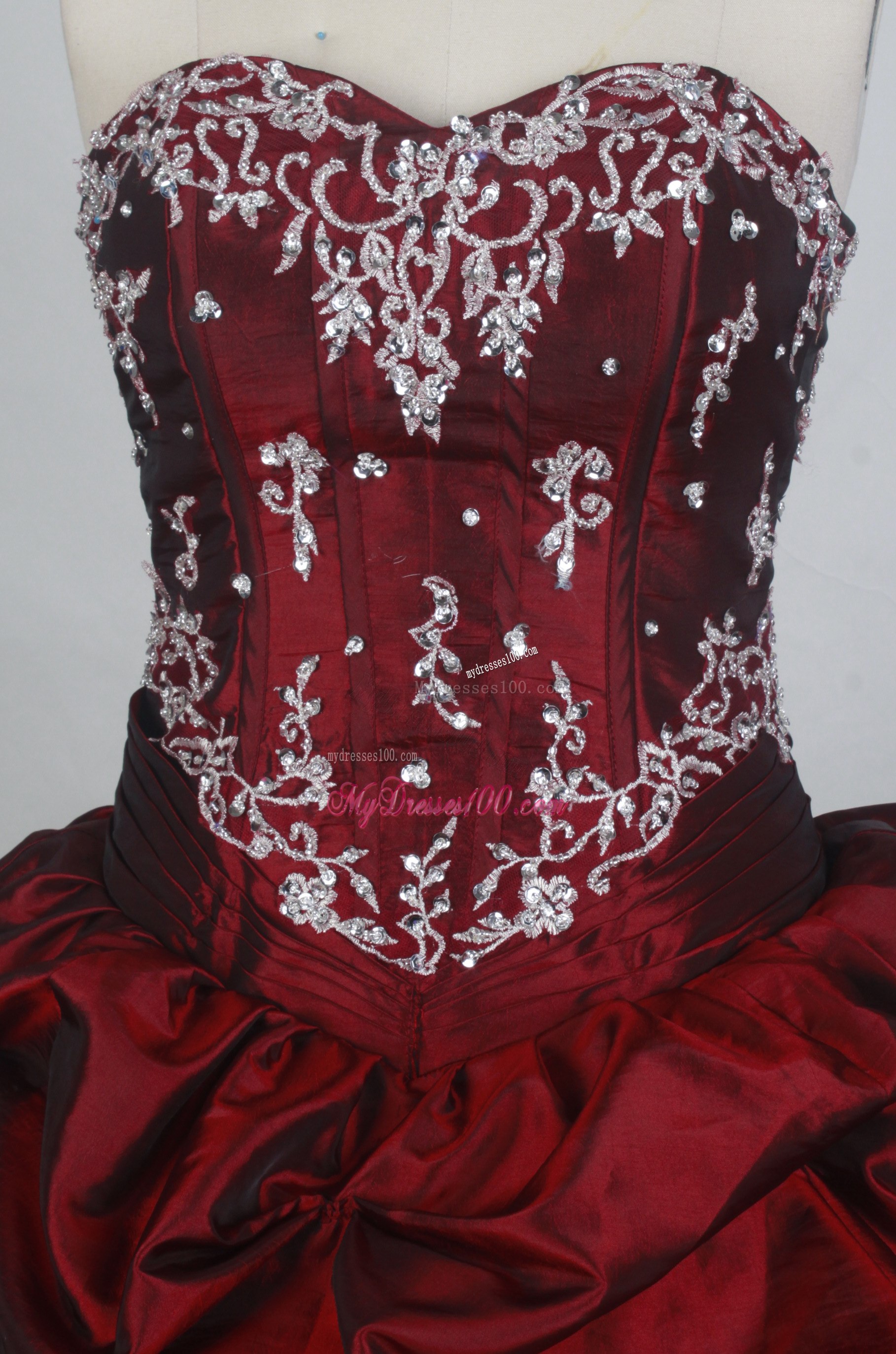 Appliques and Pick-ups Accent Wine Red Quiceanera Gown