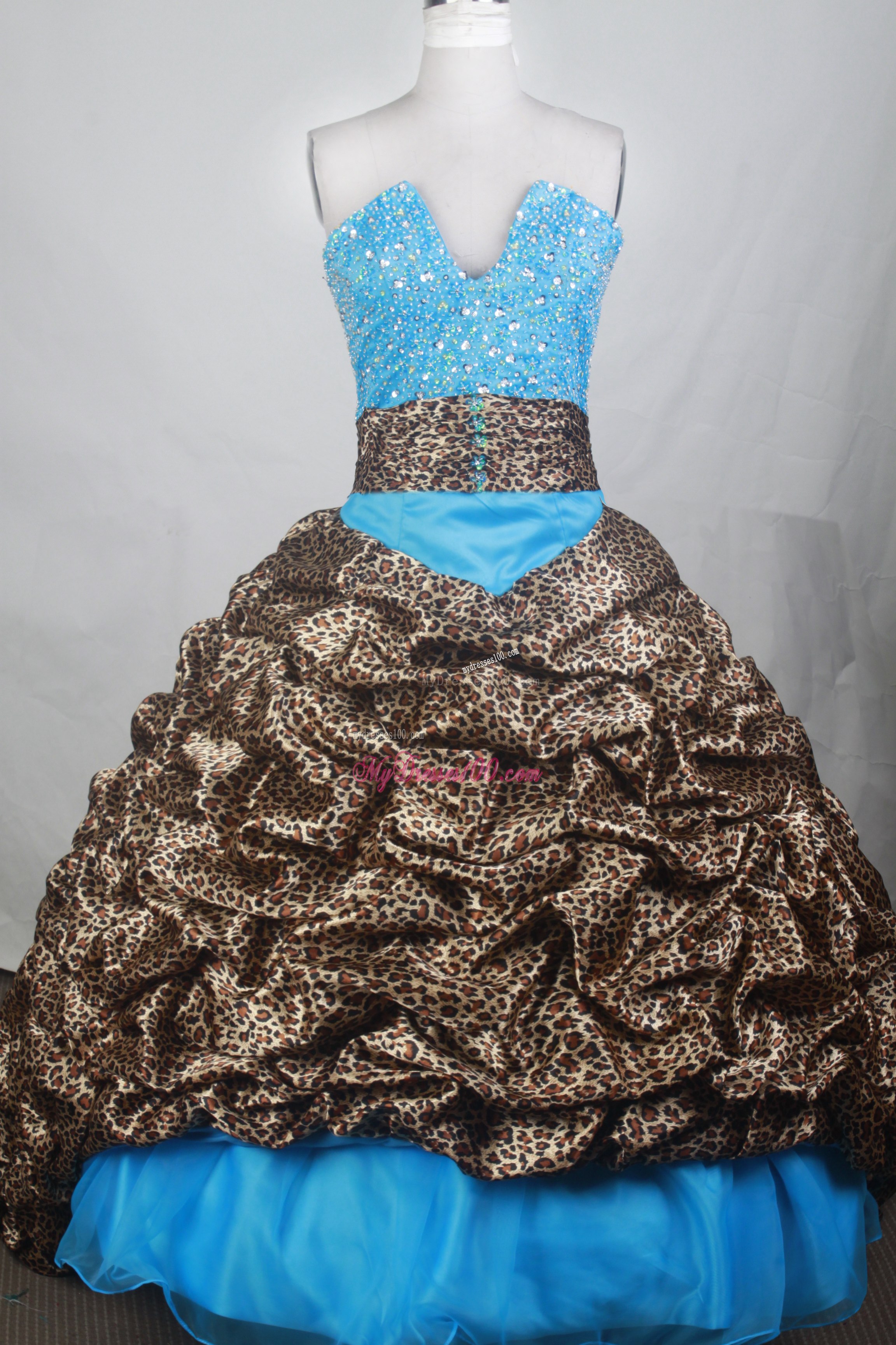 V-cut Neck Pick-ups Blue Brush Dresses 16 with Leopard Print