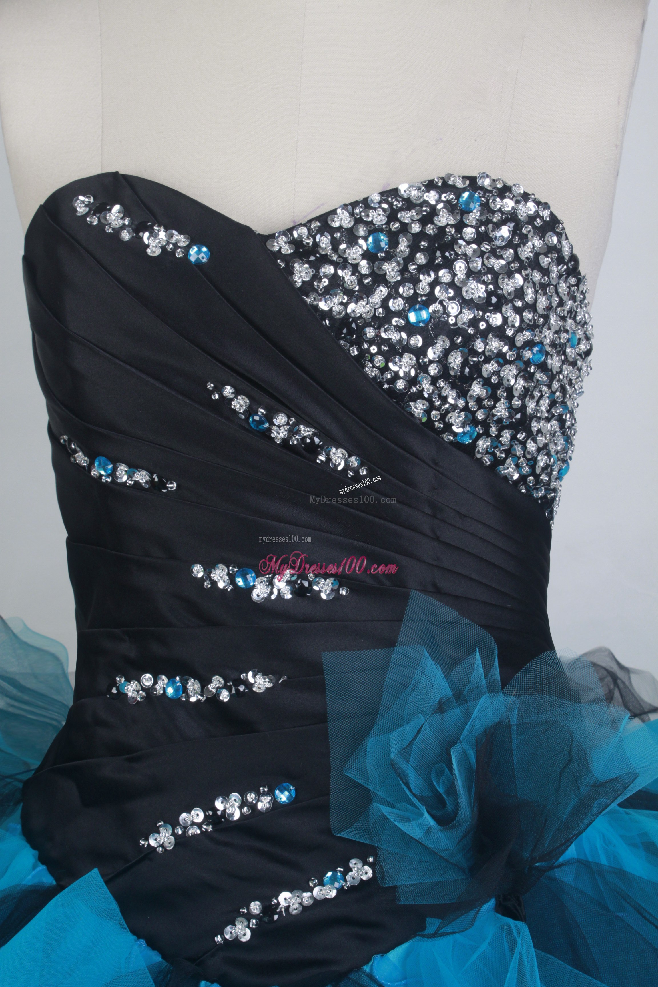 Blue and Black Quinceanera Dress with Beading and Ruffles