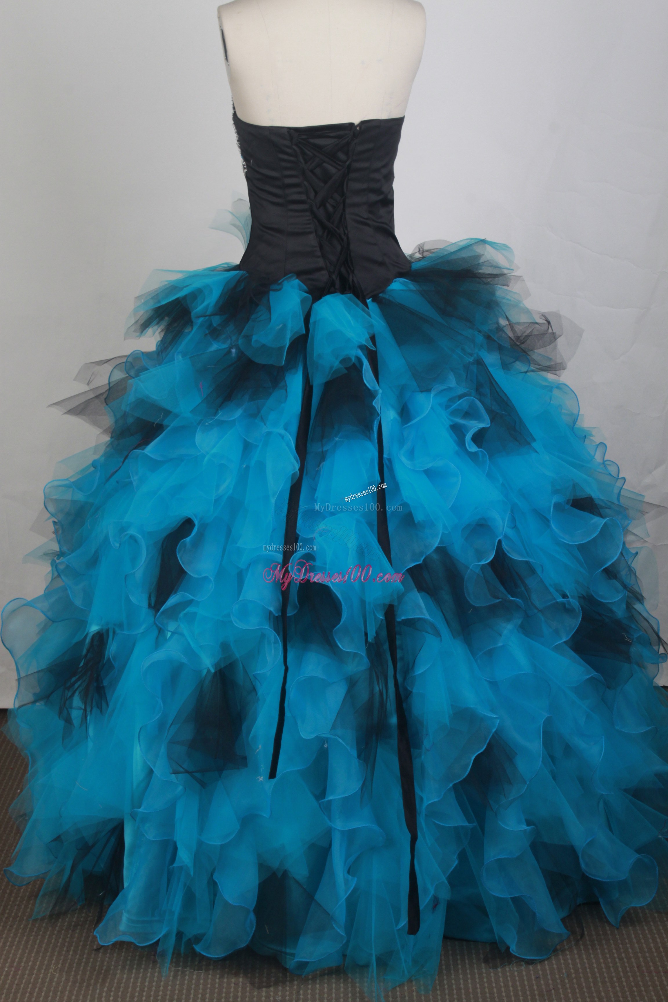 Blue and Black Quinceanera Dress with Beading and Ruffles